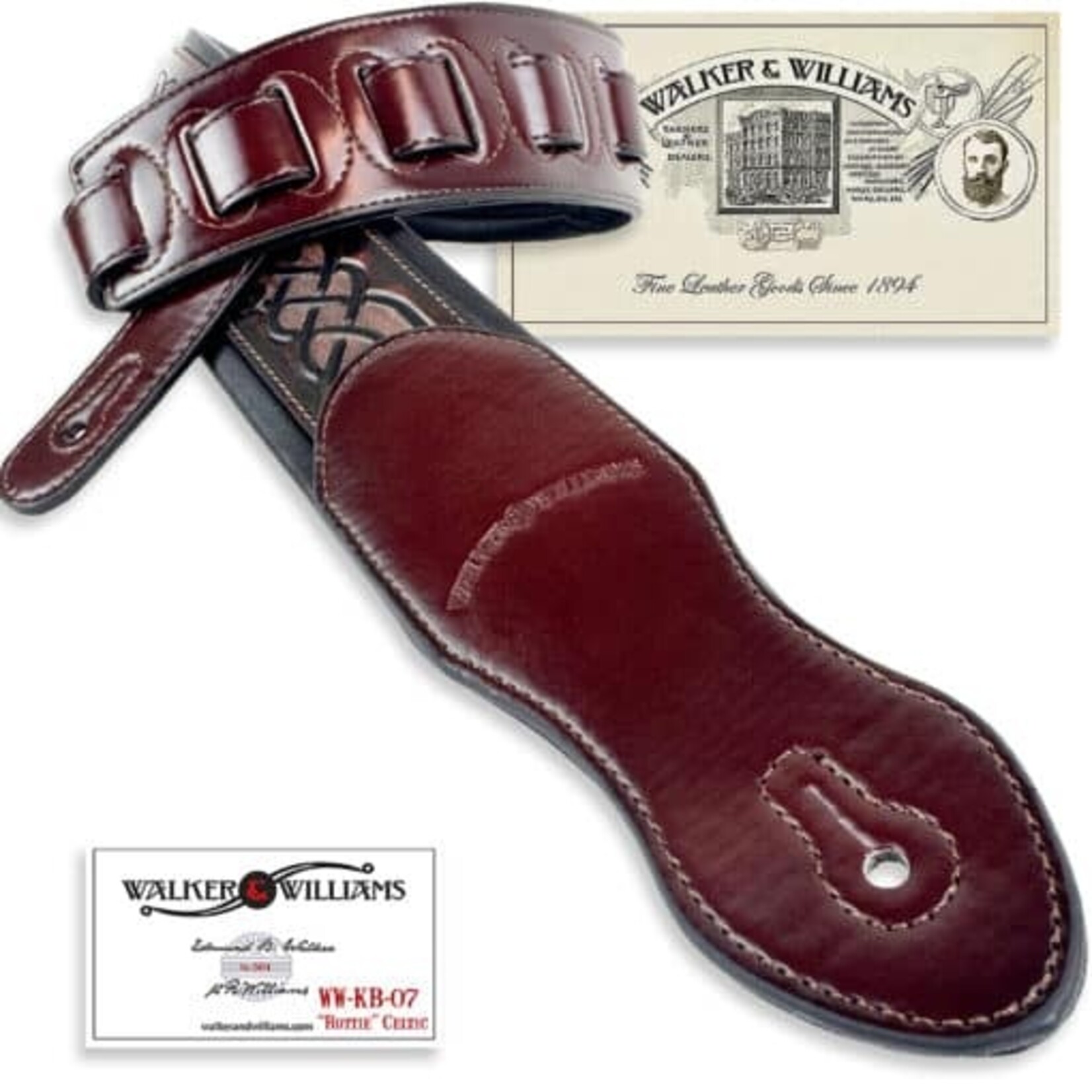 Walker & Williams KB-07 Walnut Brown With Black Art Celtic Knot Full Grain Carving Leather Padded Strap