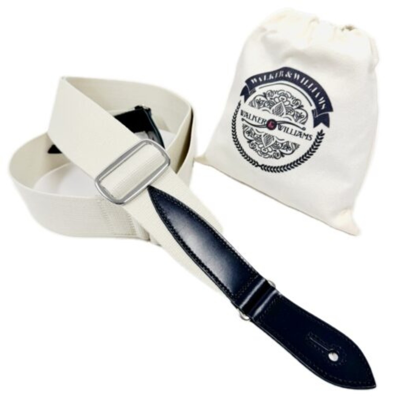 Walker & Williams H-47 Vintage Series Classic White Woven Teardrop Strap With Black Leather Ends