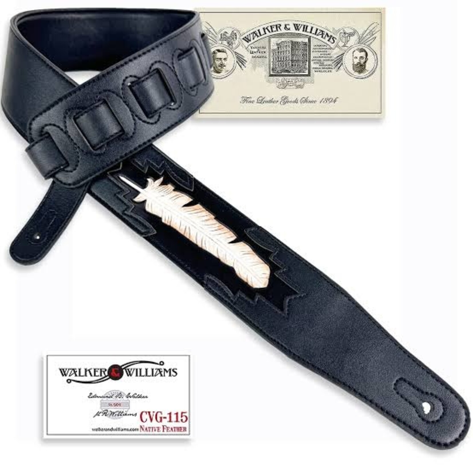 Walker & Williams CVG-115 Black Leather Strap Hand Carved Feather Design