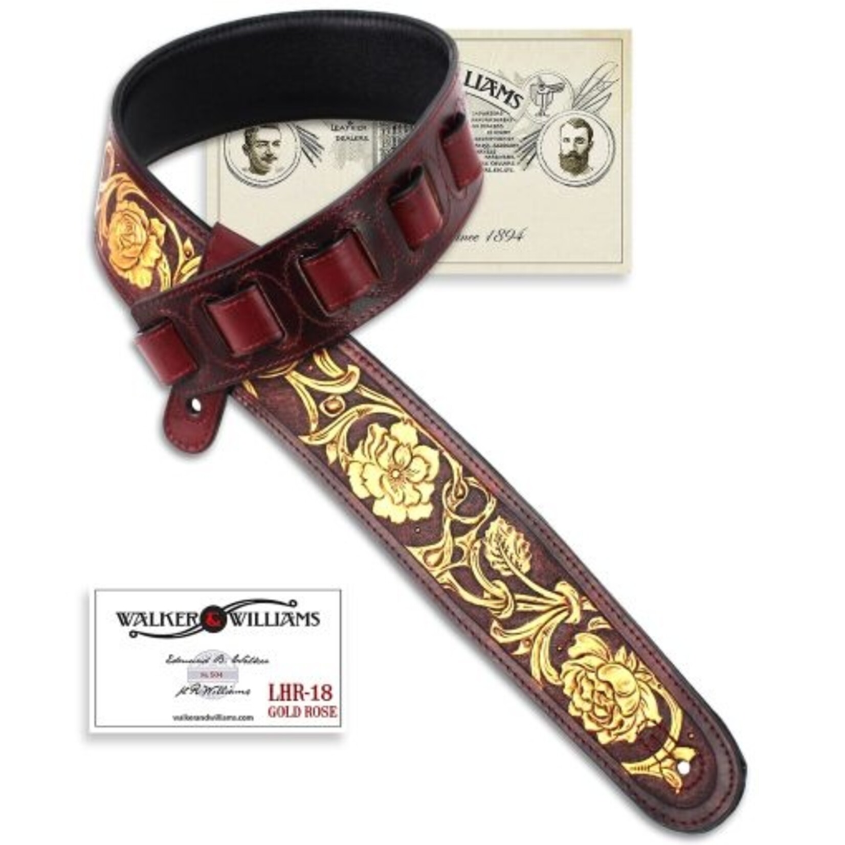 Walker & Williams LHR-27 Garnet Red Premium Leather Strap w/Bright Gold Floral Carving