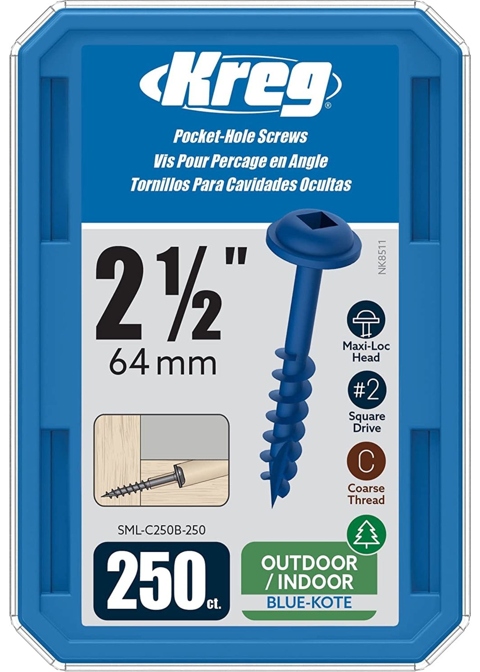 Kreg Kreg Blue-Kote WR Pocket Screws - 2-1/2", #8 Coarse, Washer-Head, 250ct