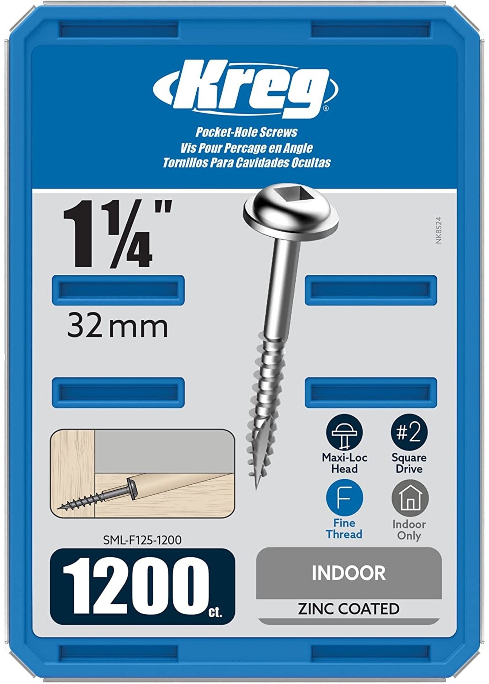 Kreg Kreg Pocket Screws - 1-1/4", #7 Fine, Washer-Head, 1200ct