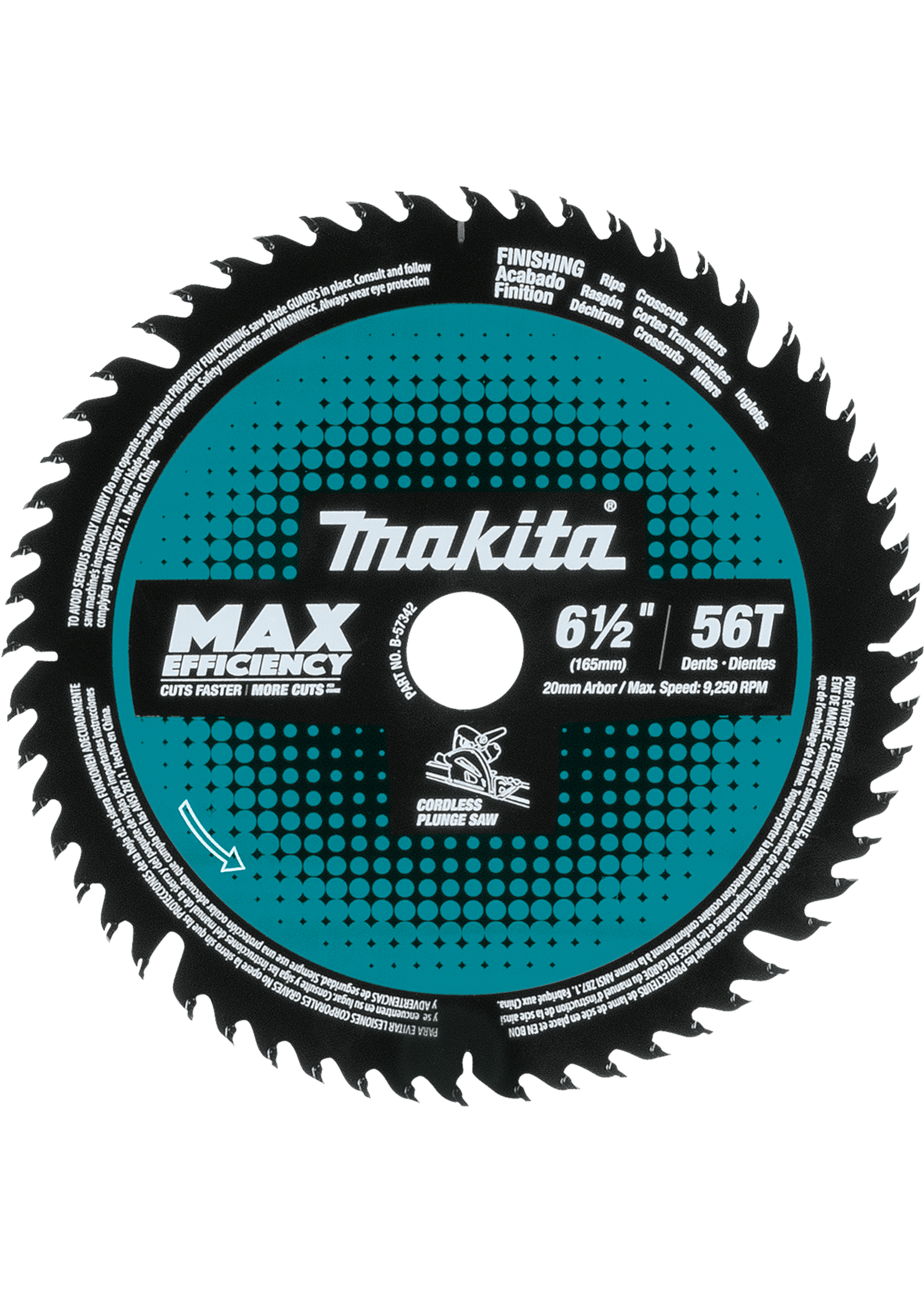 Makita 6-1/2" 56T Carbide-Tipped Max Efficiency Cordless Plunge Saw Blade, Wood, MDF, Laminate