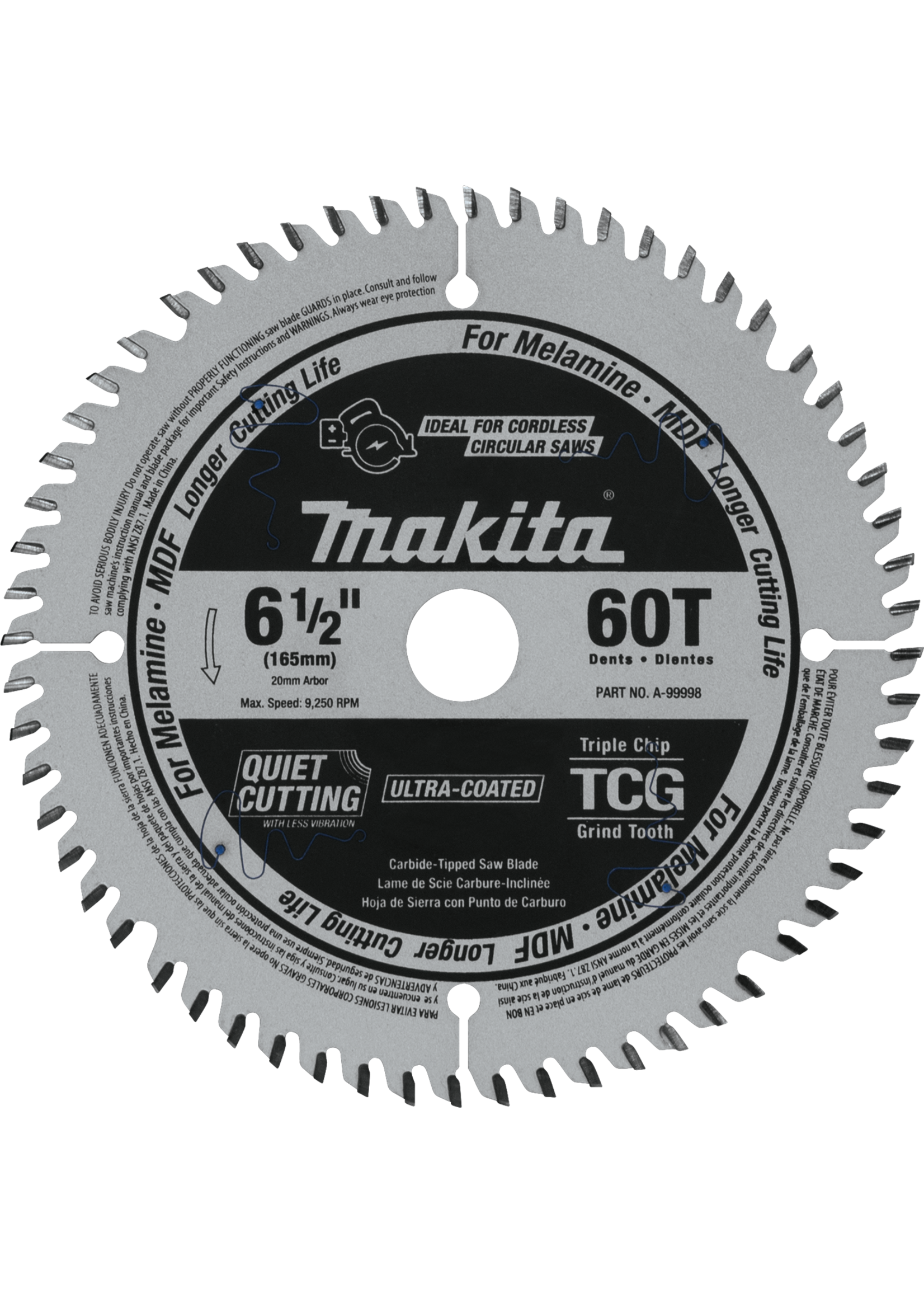 Makita 6-1/2" 60T (TCG) Carbide-Tipped Cordless Plunge Saw Blade, MDF, Laminate