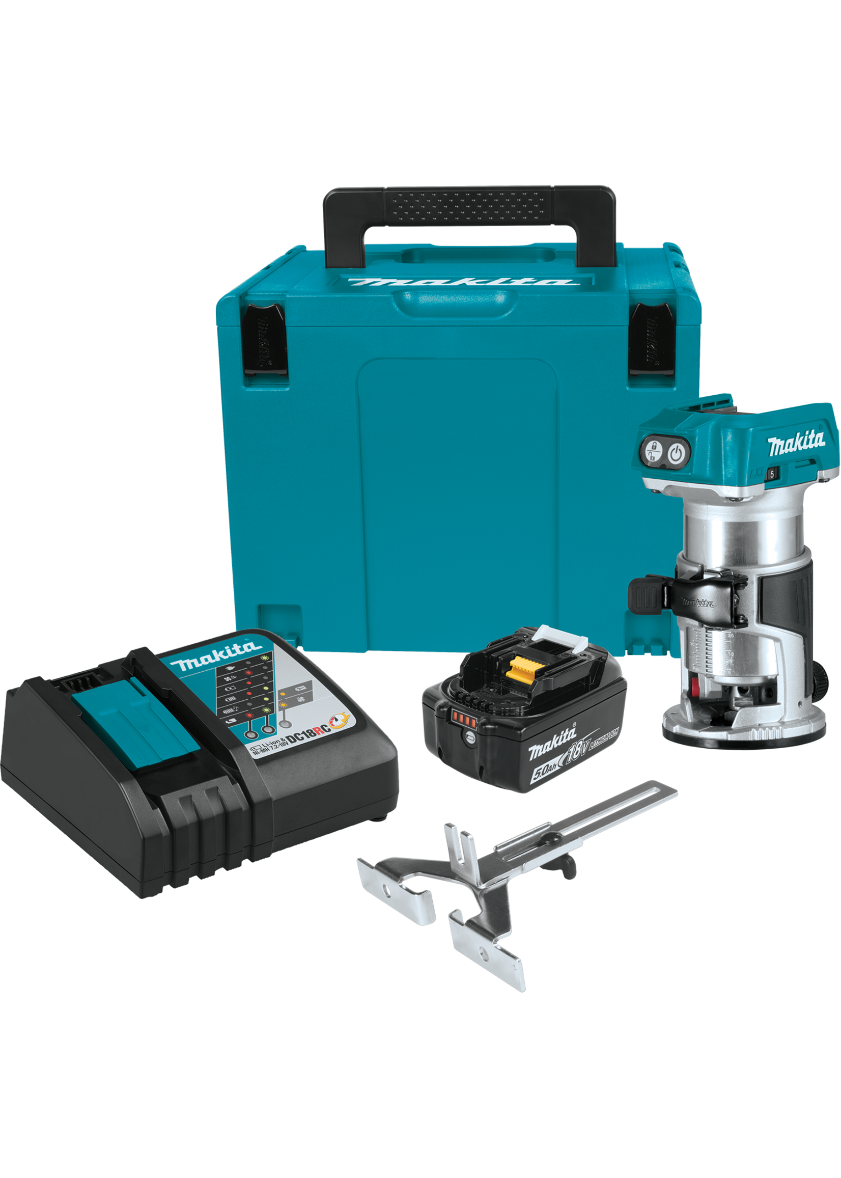 Makita 18V LXT® Lithium-Ion Compact Brushless Cordless Router Starter Kit, Fixed Base, 10,000-30,000 RPM, var. spd., case, with one battery (5.0Ah)