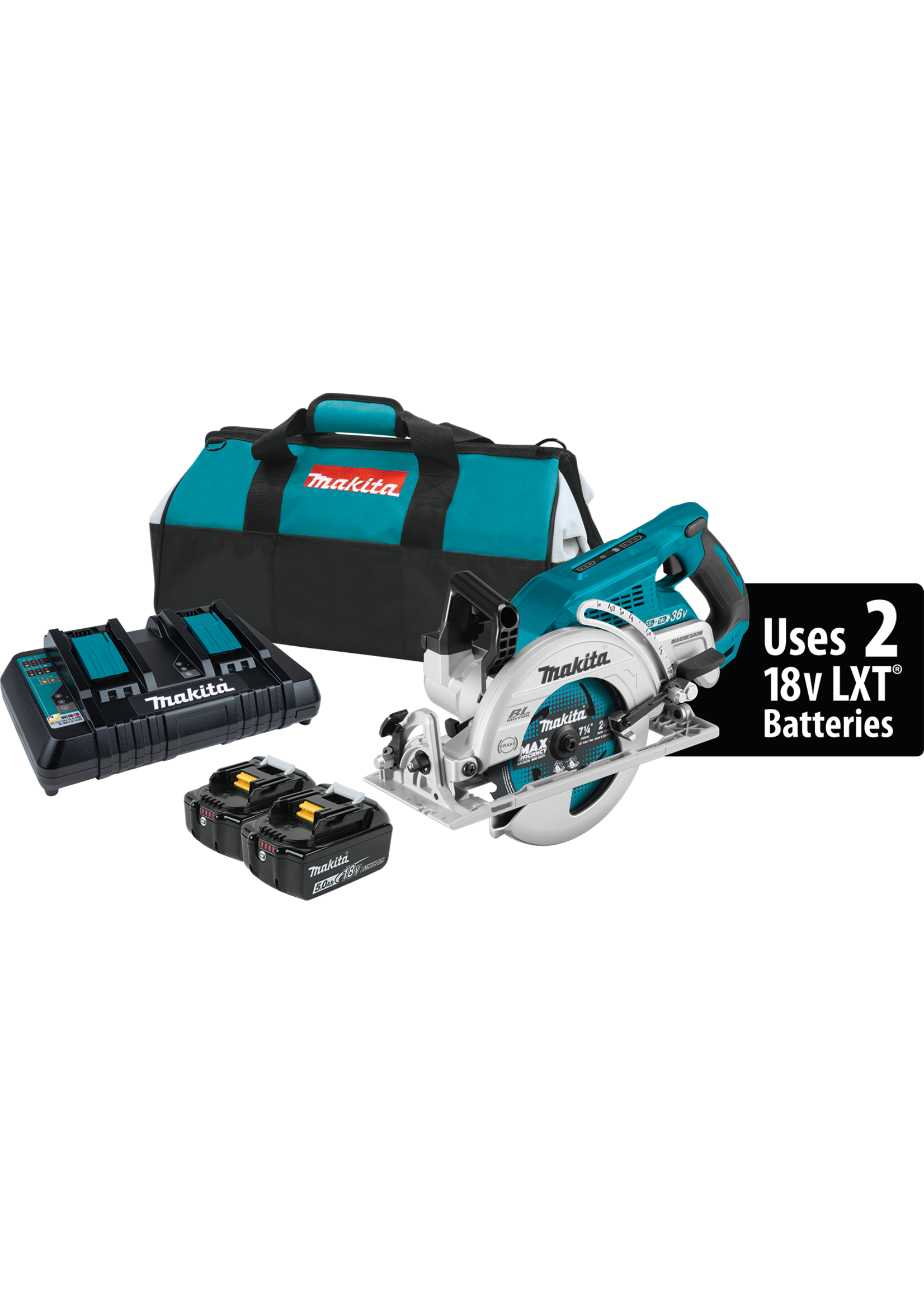 Makita 36V (18V X2) LXT® Brushless Rear Handle 7-1/4" Circular Saw Kit, blade left, dual port charger, bag (5.0Ah)