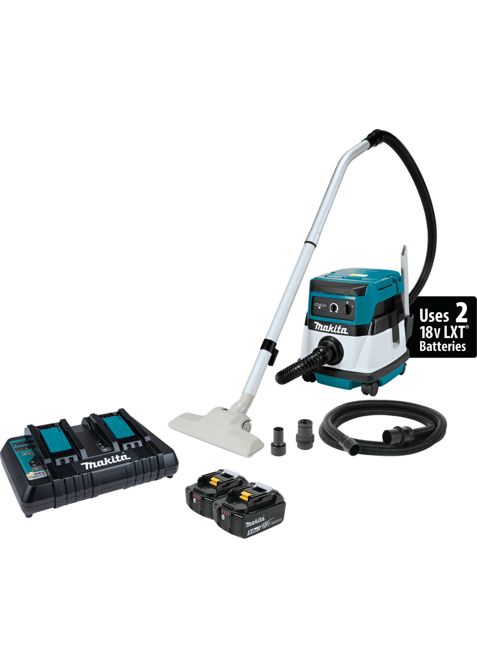 Makita 36V (18V X2) LXT®/Corded 2.1 Gallon HEPA Filter Dry Dust Extractor/Vacuum Kit, dual port charger (5.0Ah)