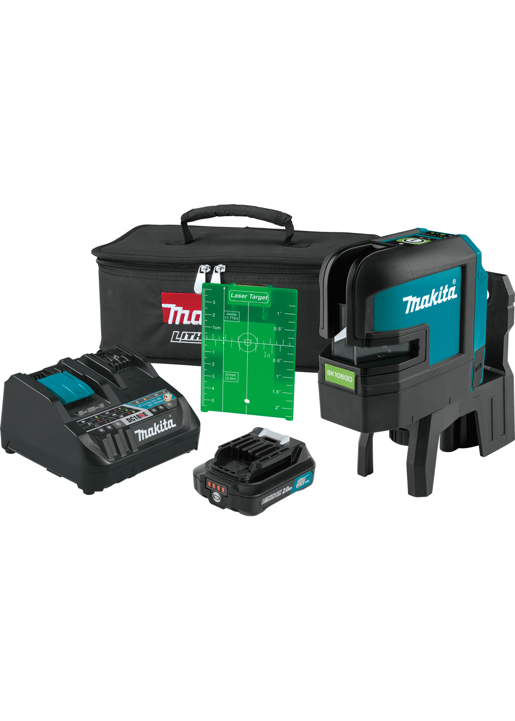 Makita 12V max CXT® Self-Leveling Cross-Line/4-Point Green Laser Kit, bag, with one battery (2.0Ah)