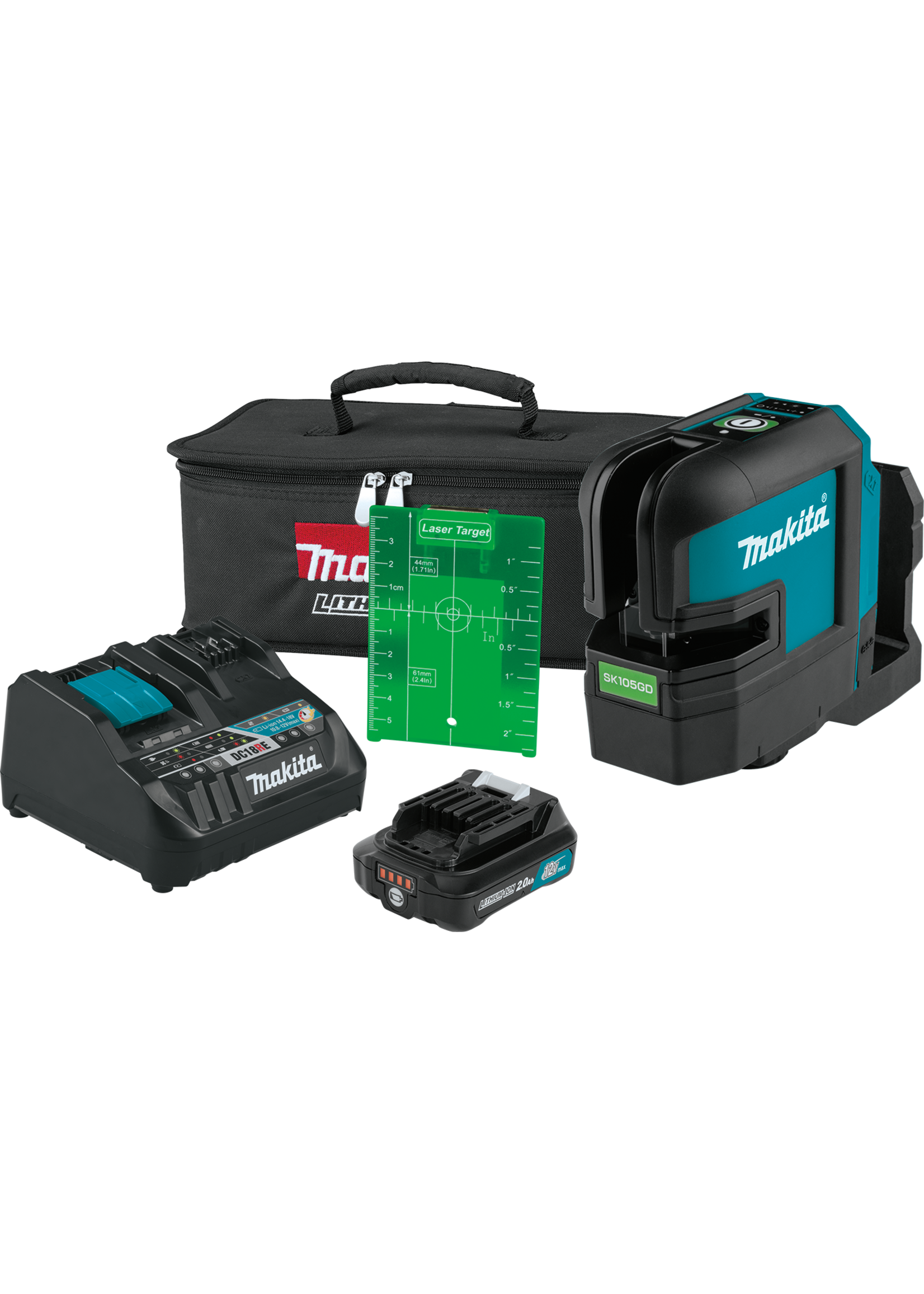 Makita 12V max CXT® Self-Leveling Cross-Line Green Laser Kit, bag, with one battery (2.0Ah)