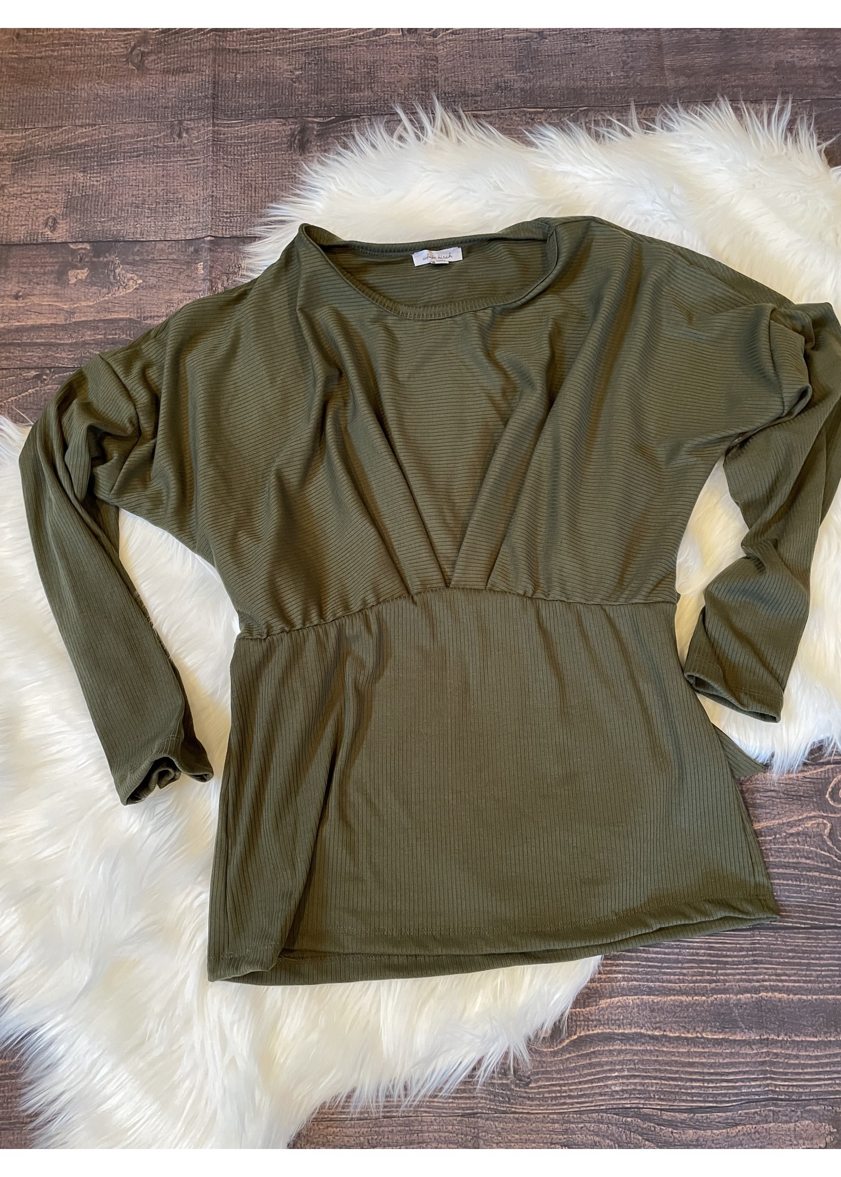 White Birch Long Sleeve Solid Knit Pleated Front with Tie Back Olive Green