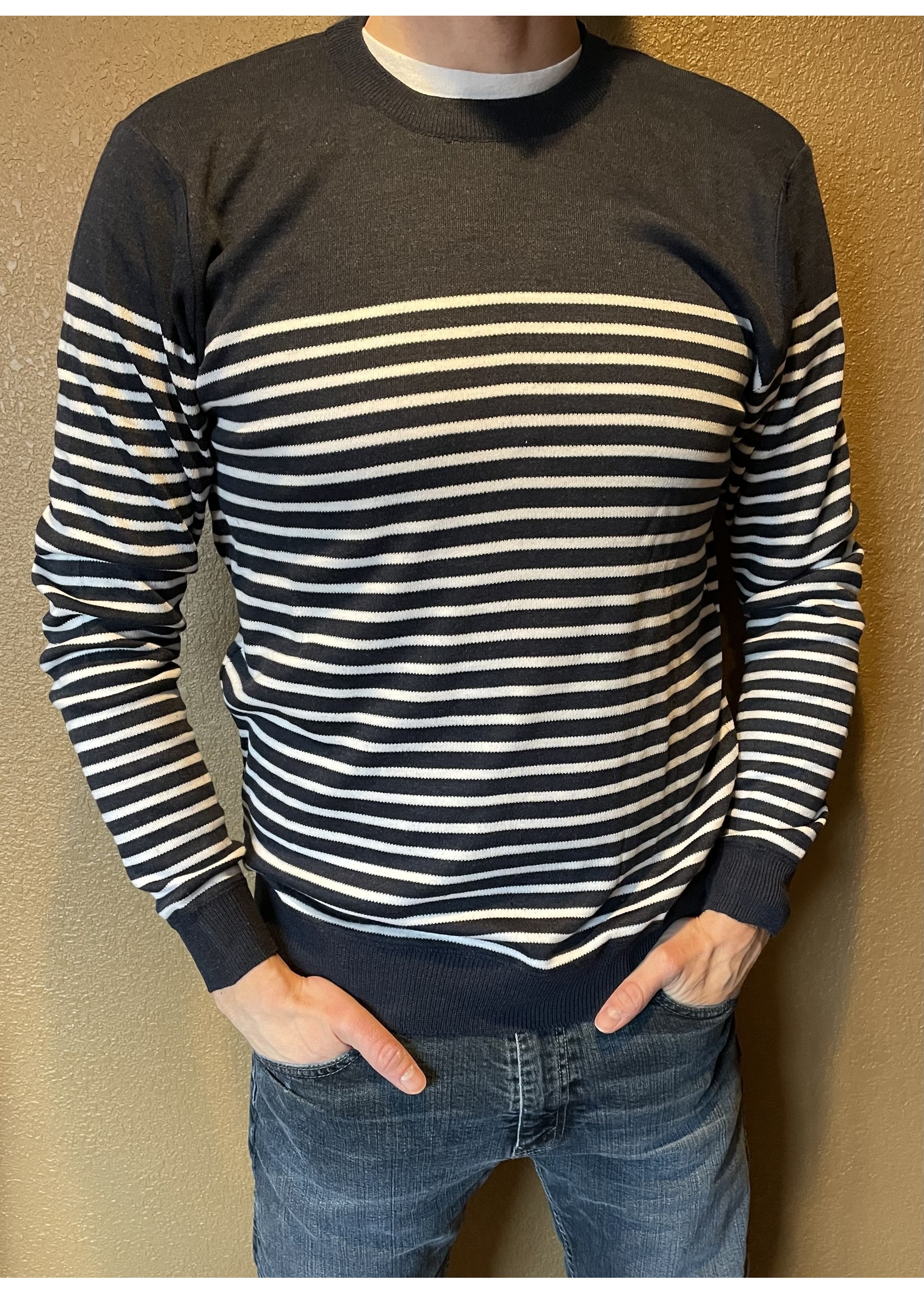 Men's Navy and White Striped Long Sleeve Sweater