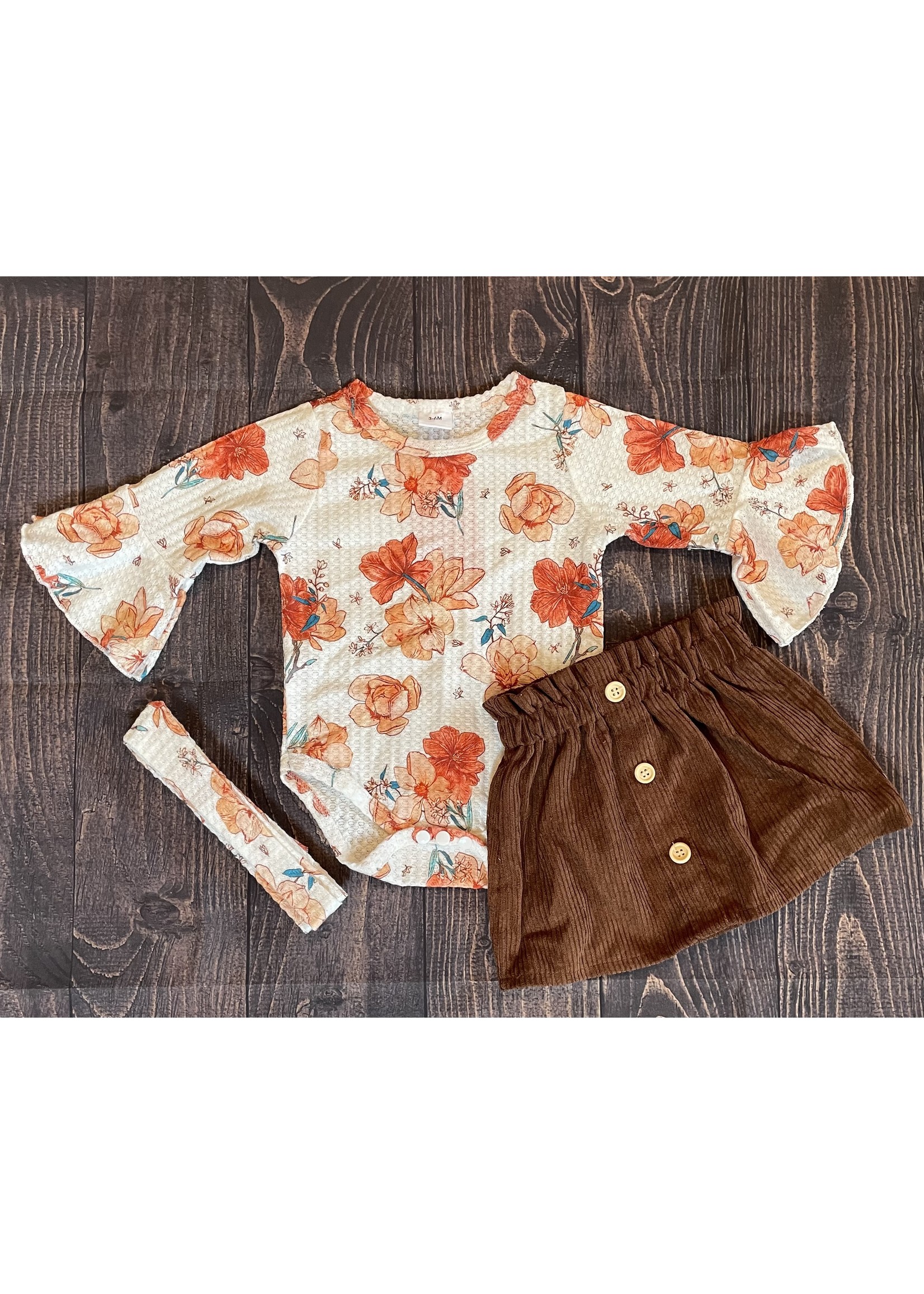 Baby Floral Top with Brown Button Skirt