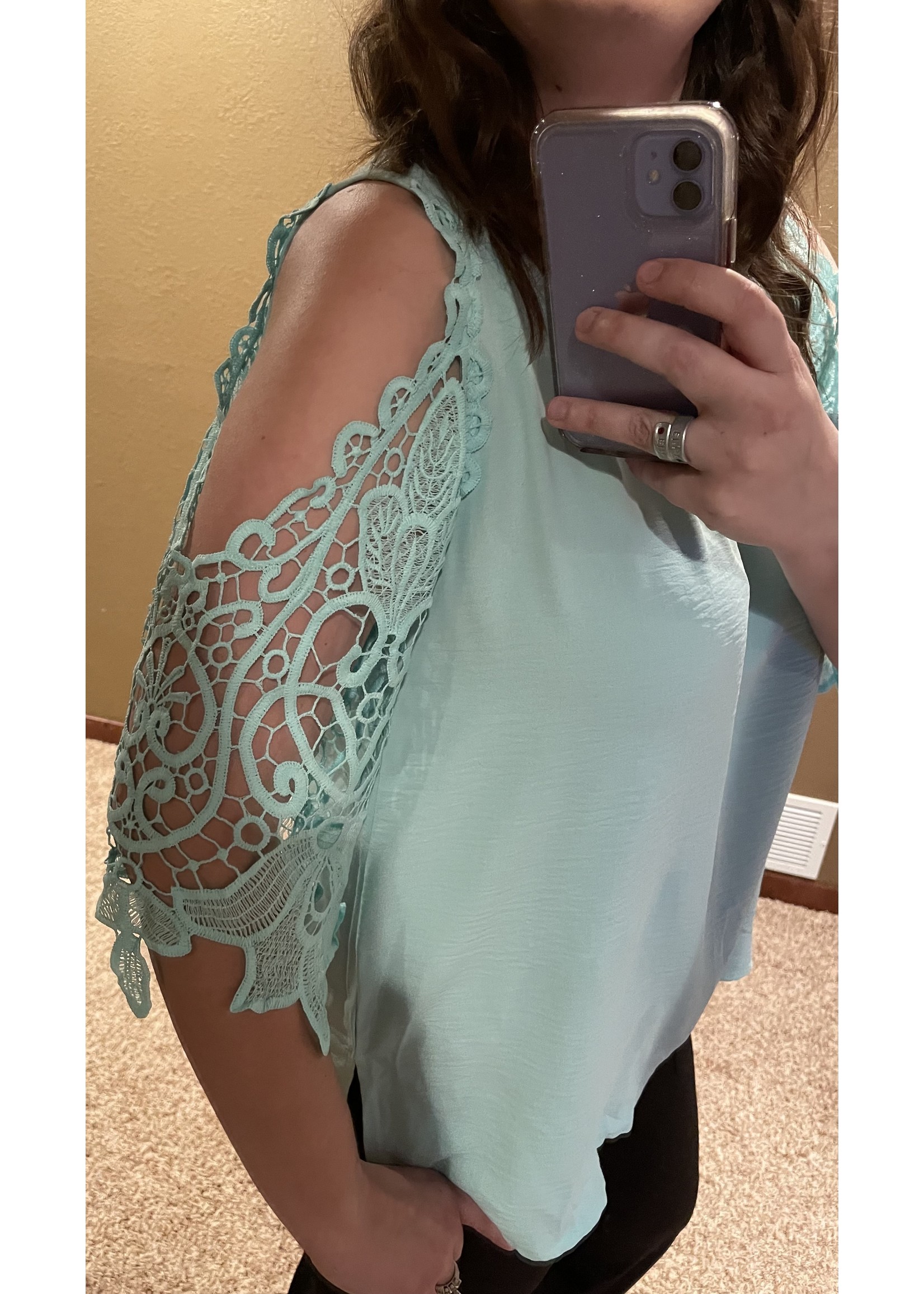 Mint Cold Shoulder Lace Sleeve Top