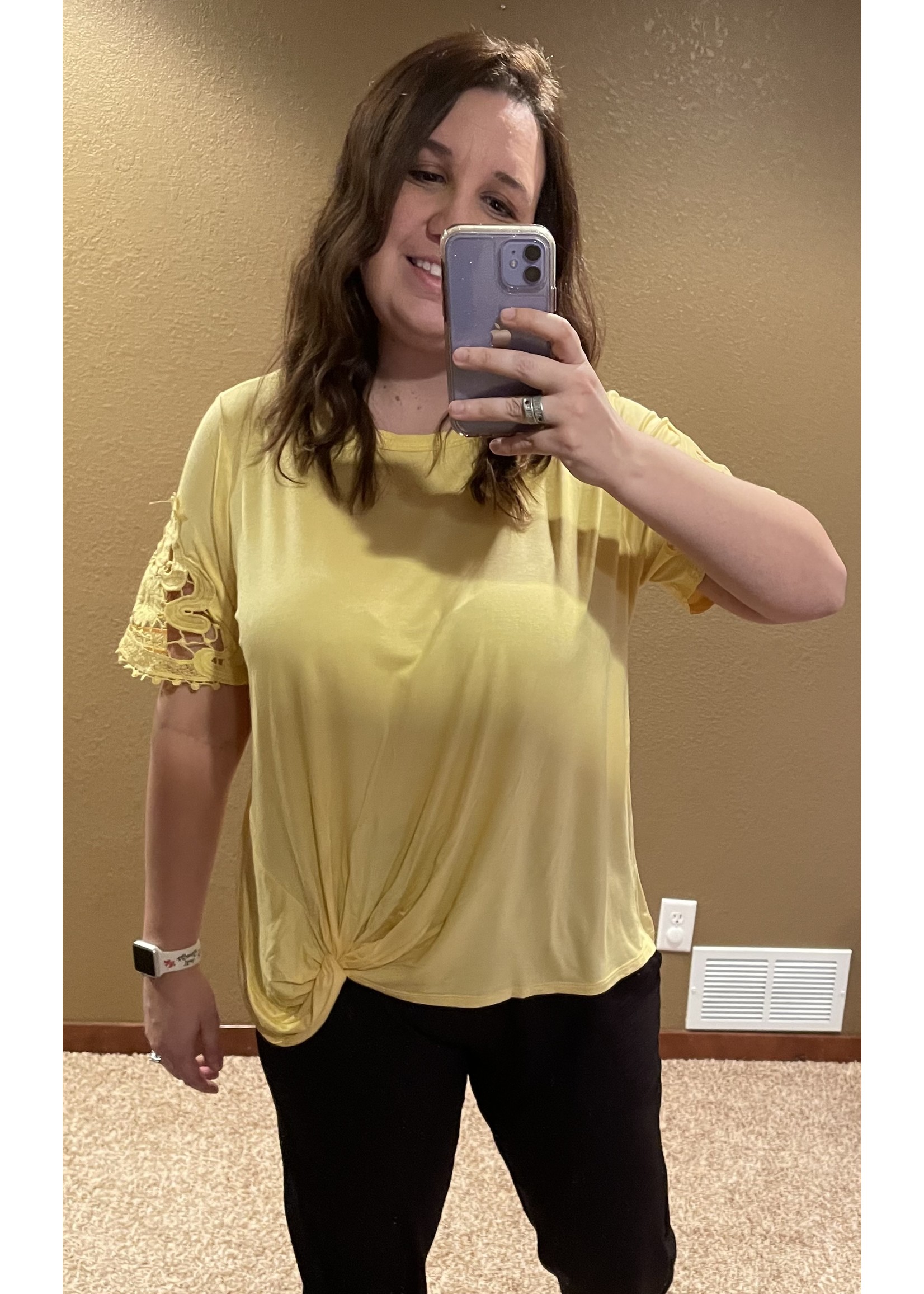 Yellow Twist  Lace Sleeve Top