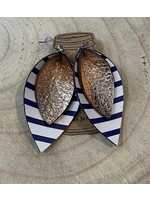 Blue Stripe and Gold Leather Earrings