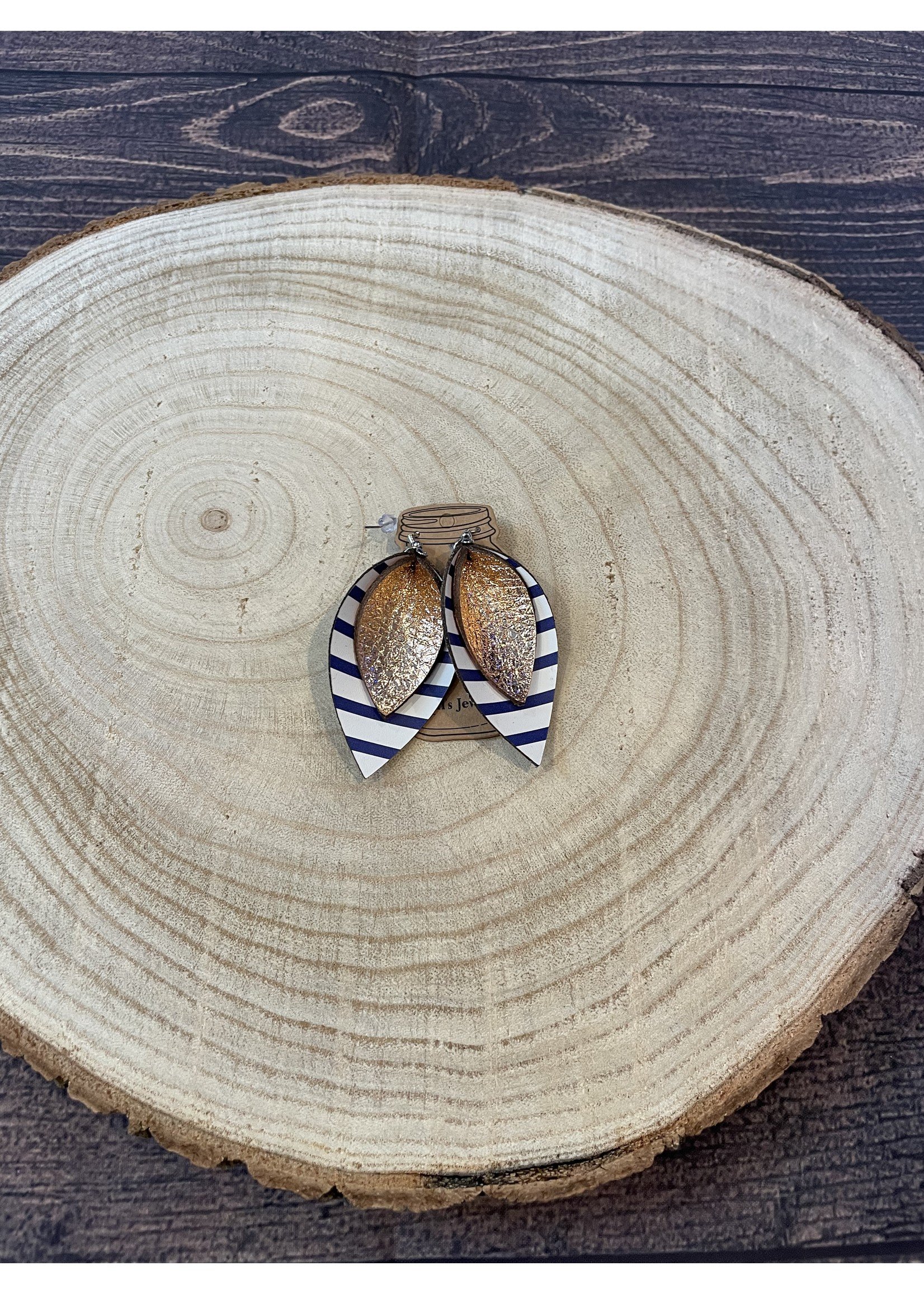 Blue Stripe and Gold Leather Earrings