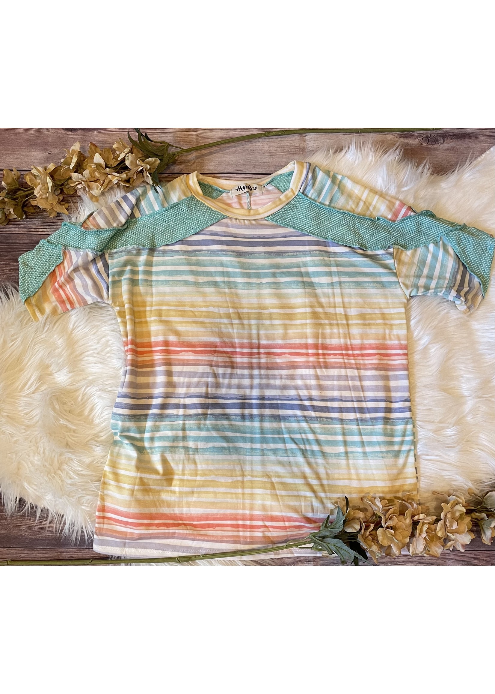 Rainbow Stripe Cross Detail Short Sleeve Top