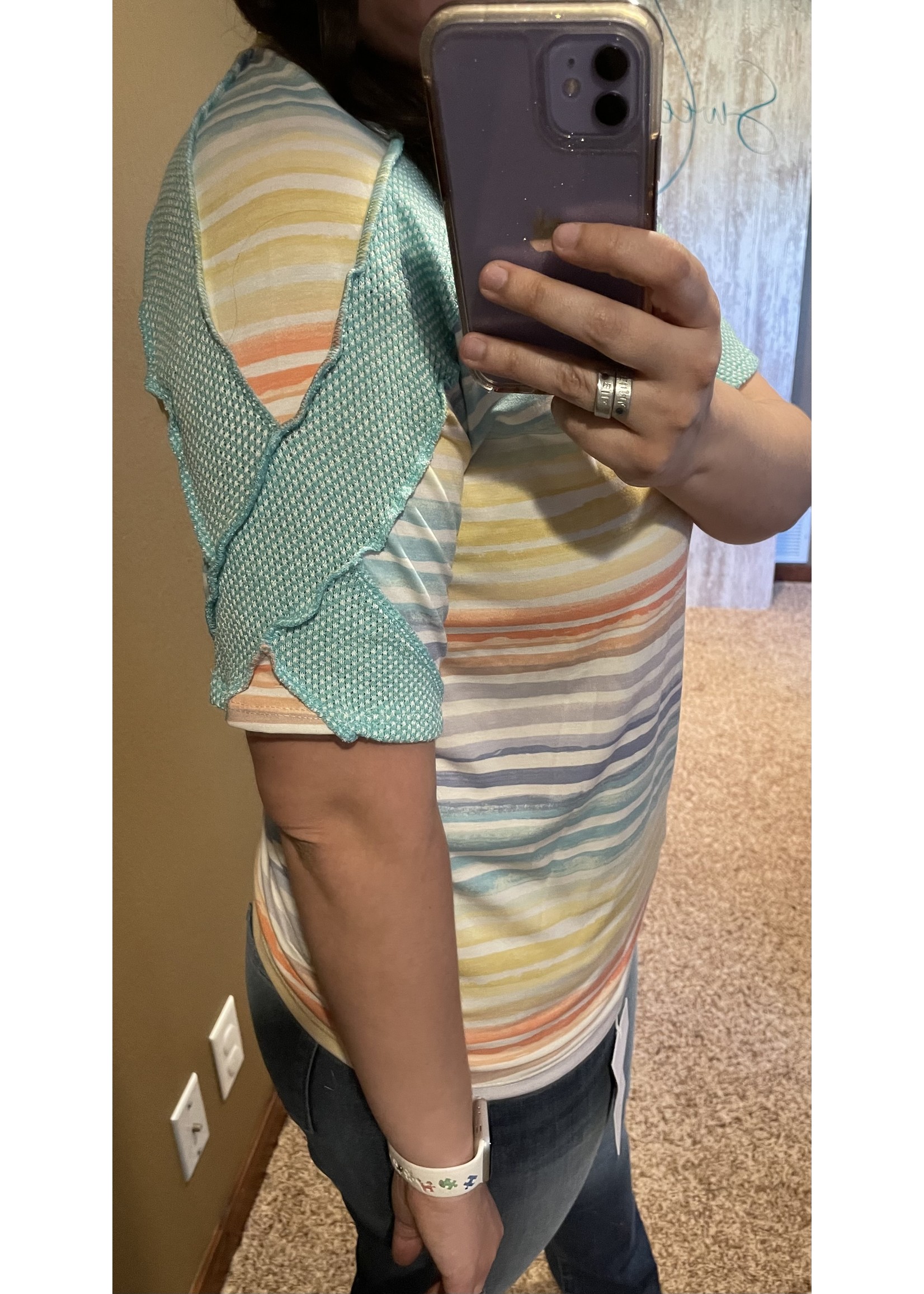 Rainbow Stripe Cross Detail Short Sleeve Top