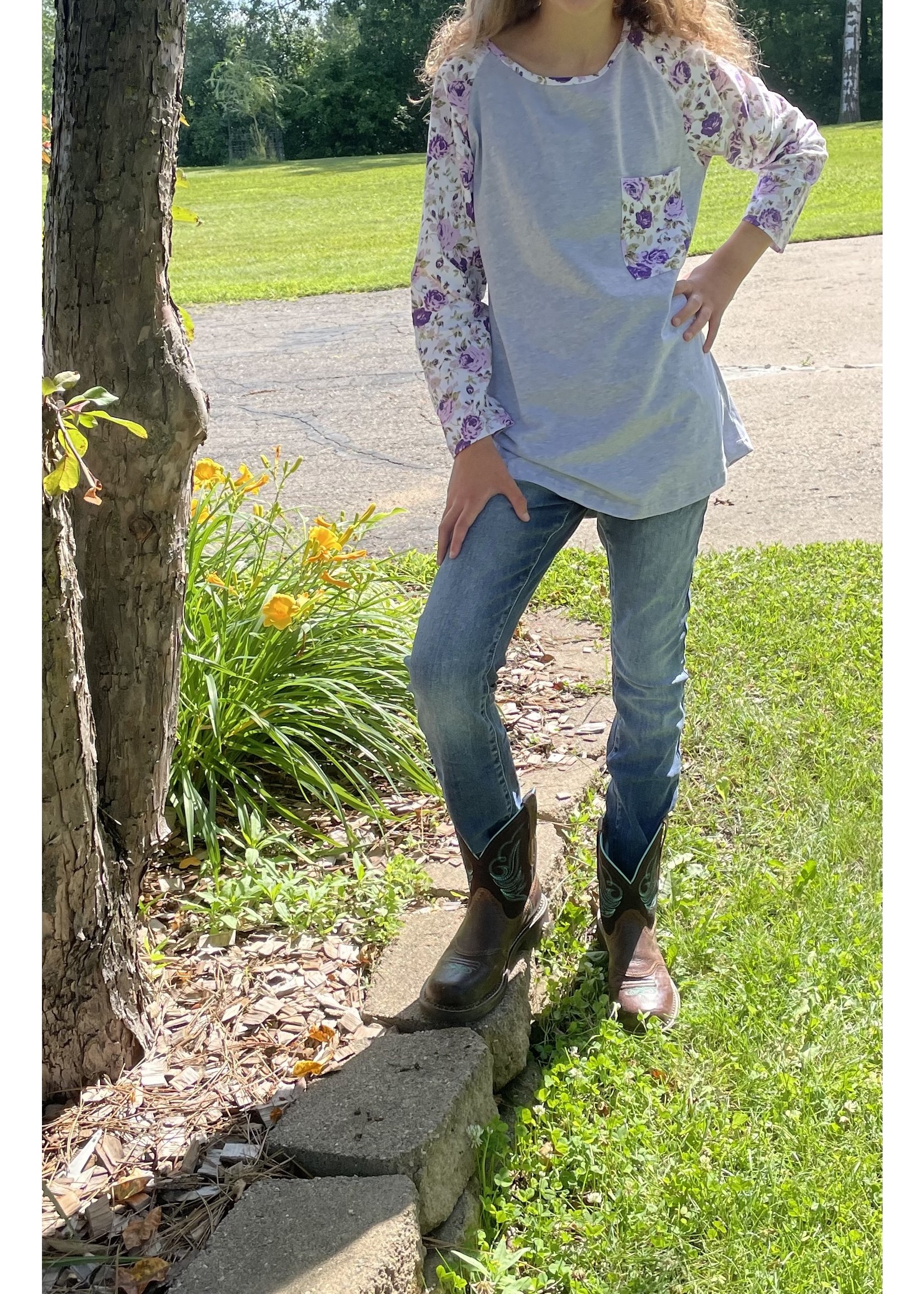 Girls/Juniors Gray with Purple Floral Long Sleeve Top