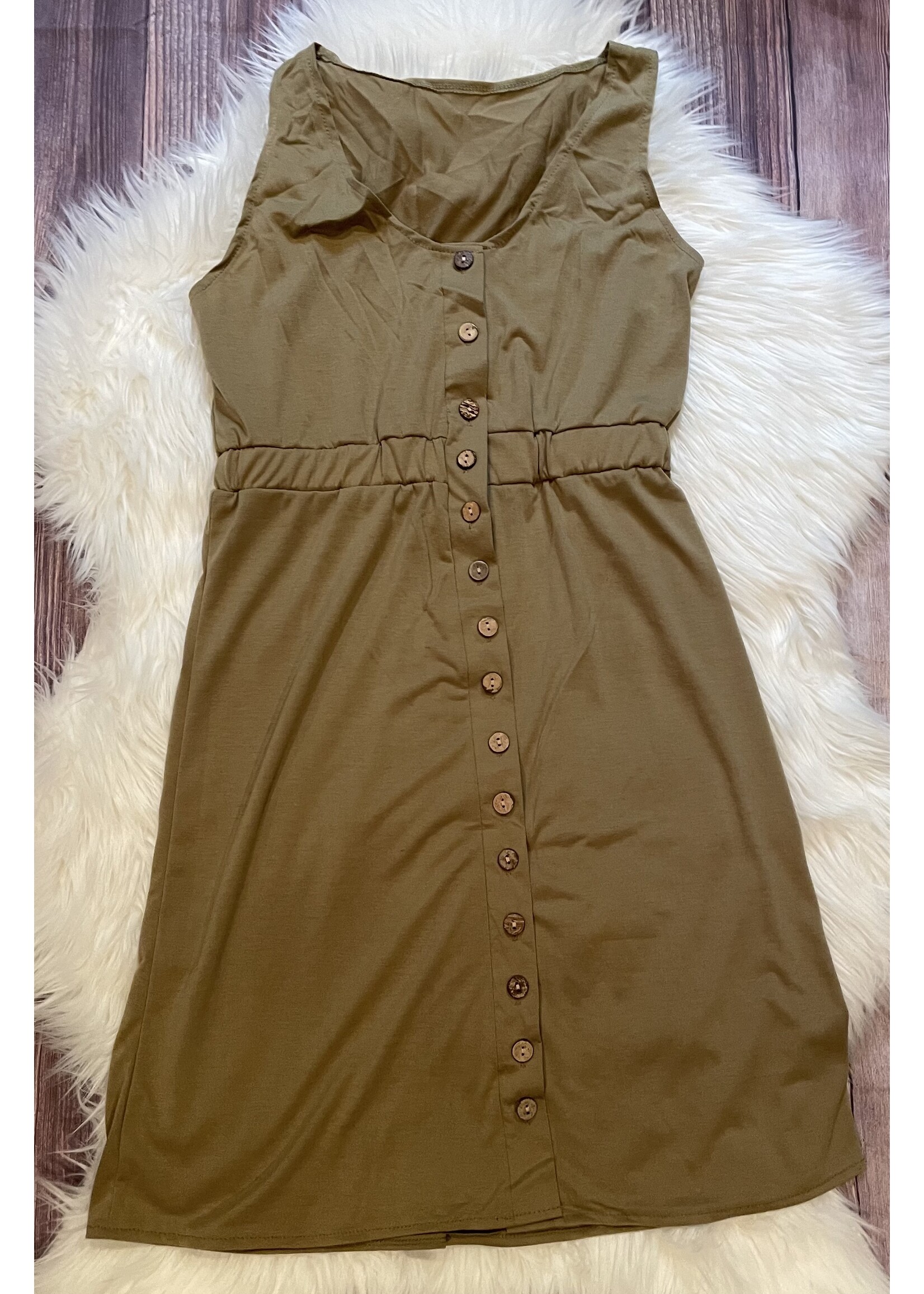 Khaki Button-up Puff Hem Dress