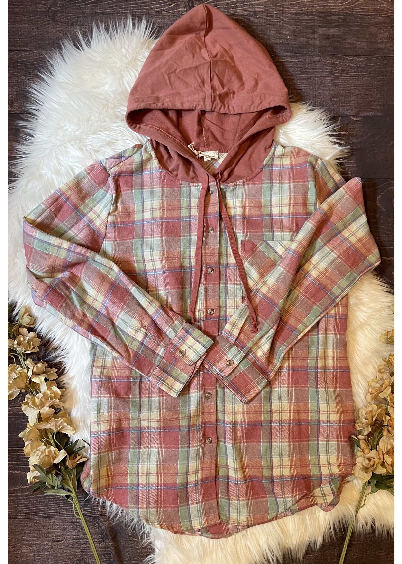 French Terry Button Down Plaid Hoodie