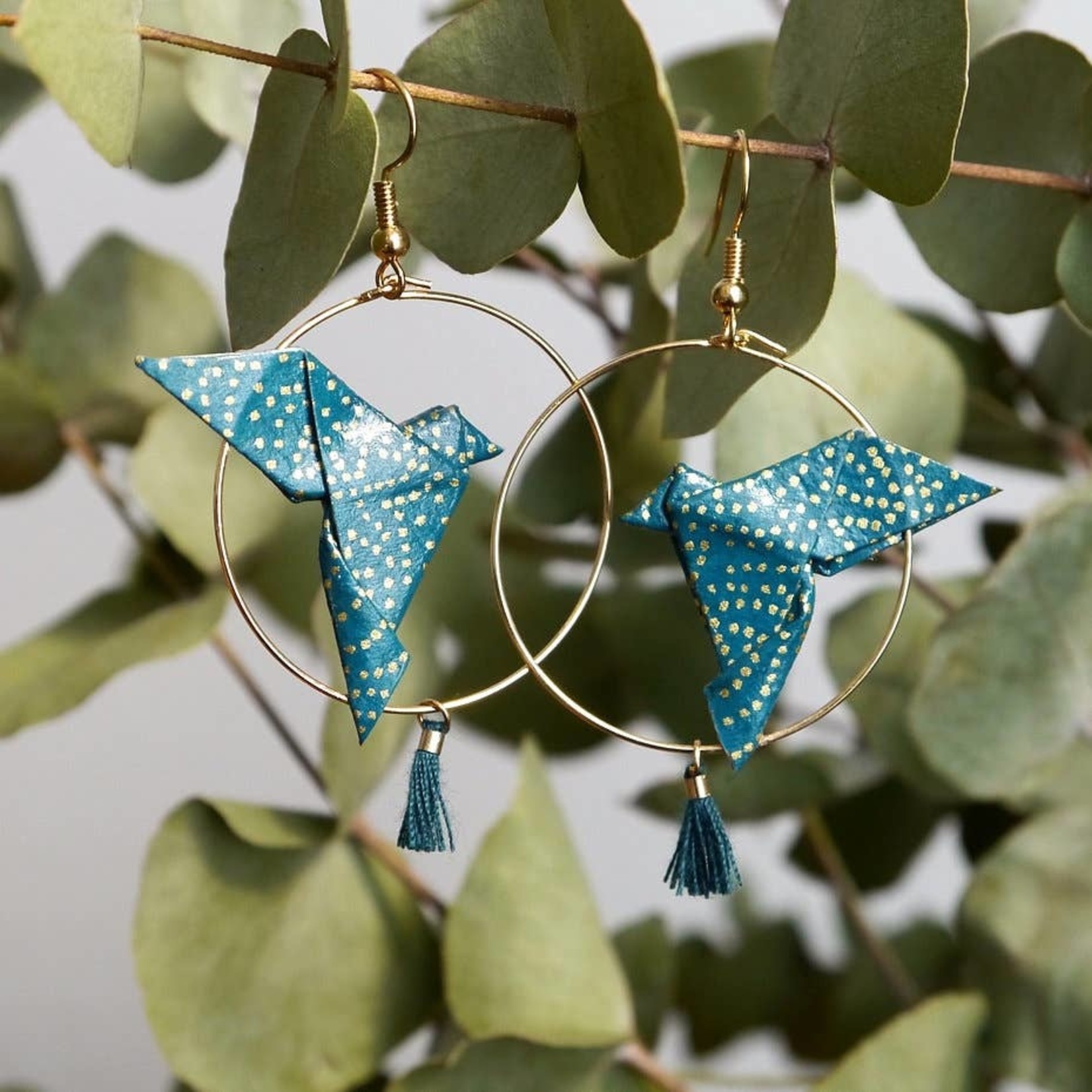 Origami Hoop Earrings - Doves and Pompoms