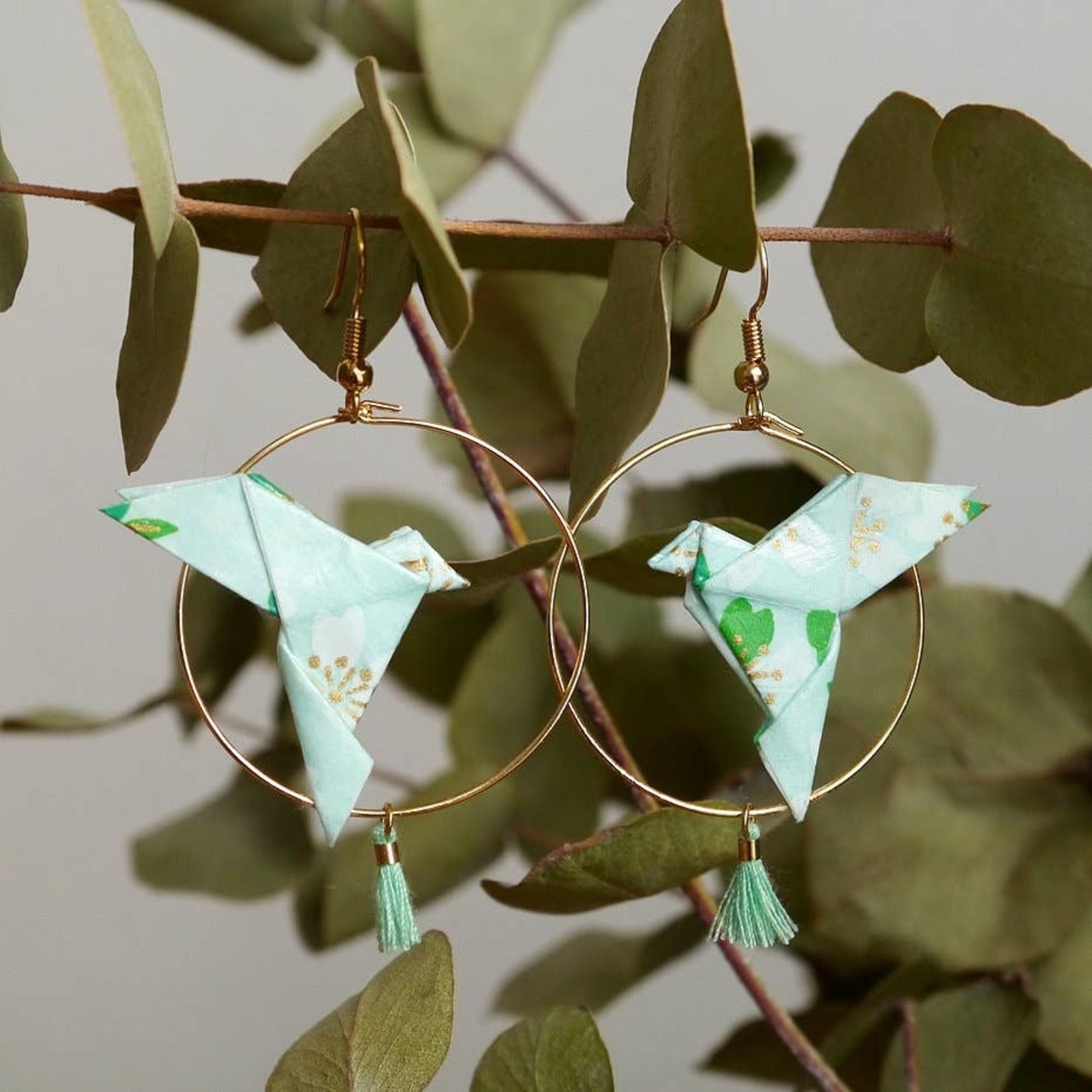 Origami Hoop Earrings - Doves and Pompoms