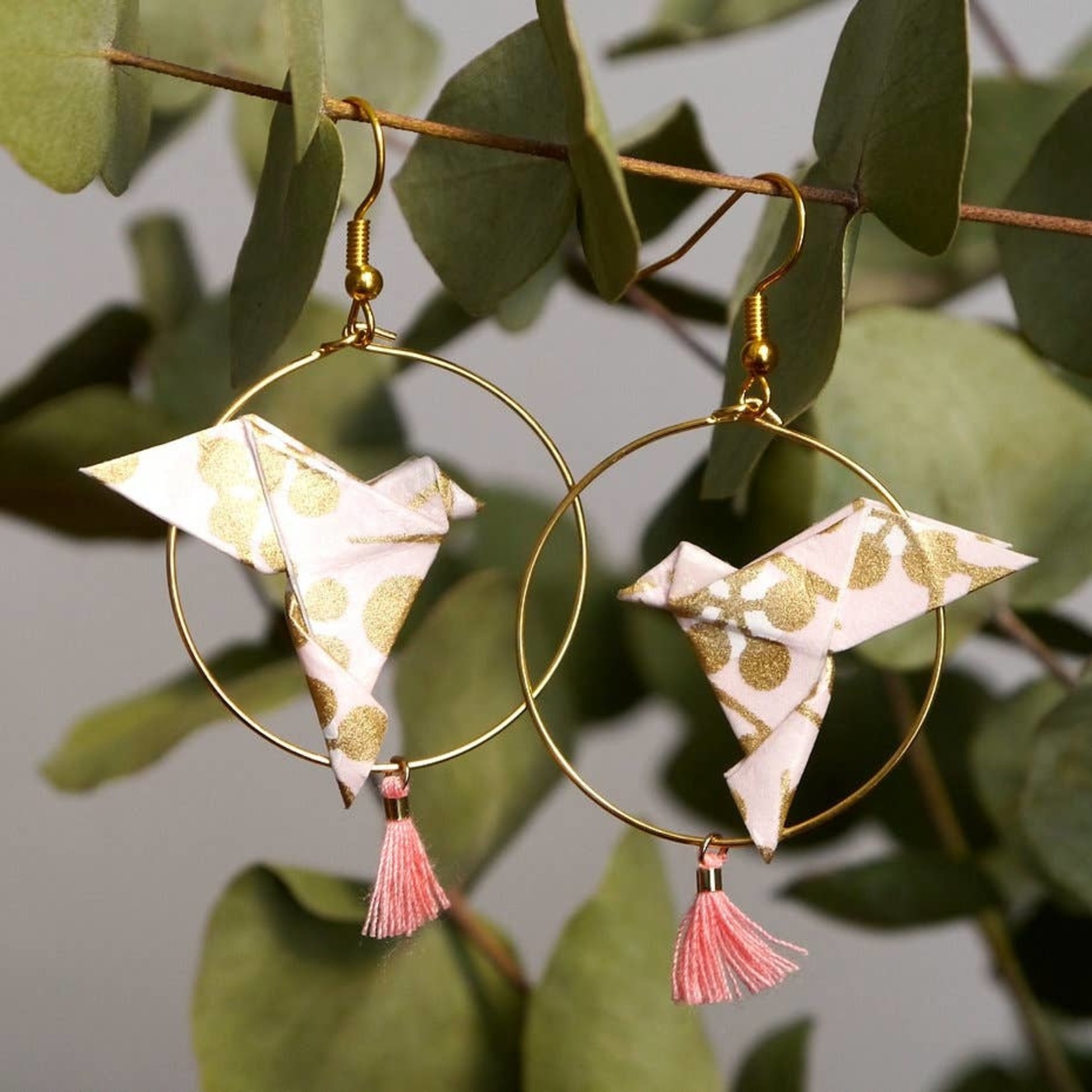 Origami Hoop Earrings - Doves and Pompoms