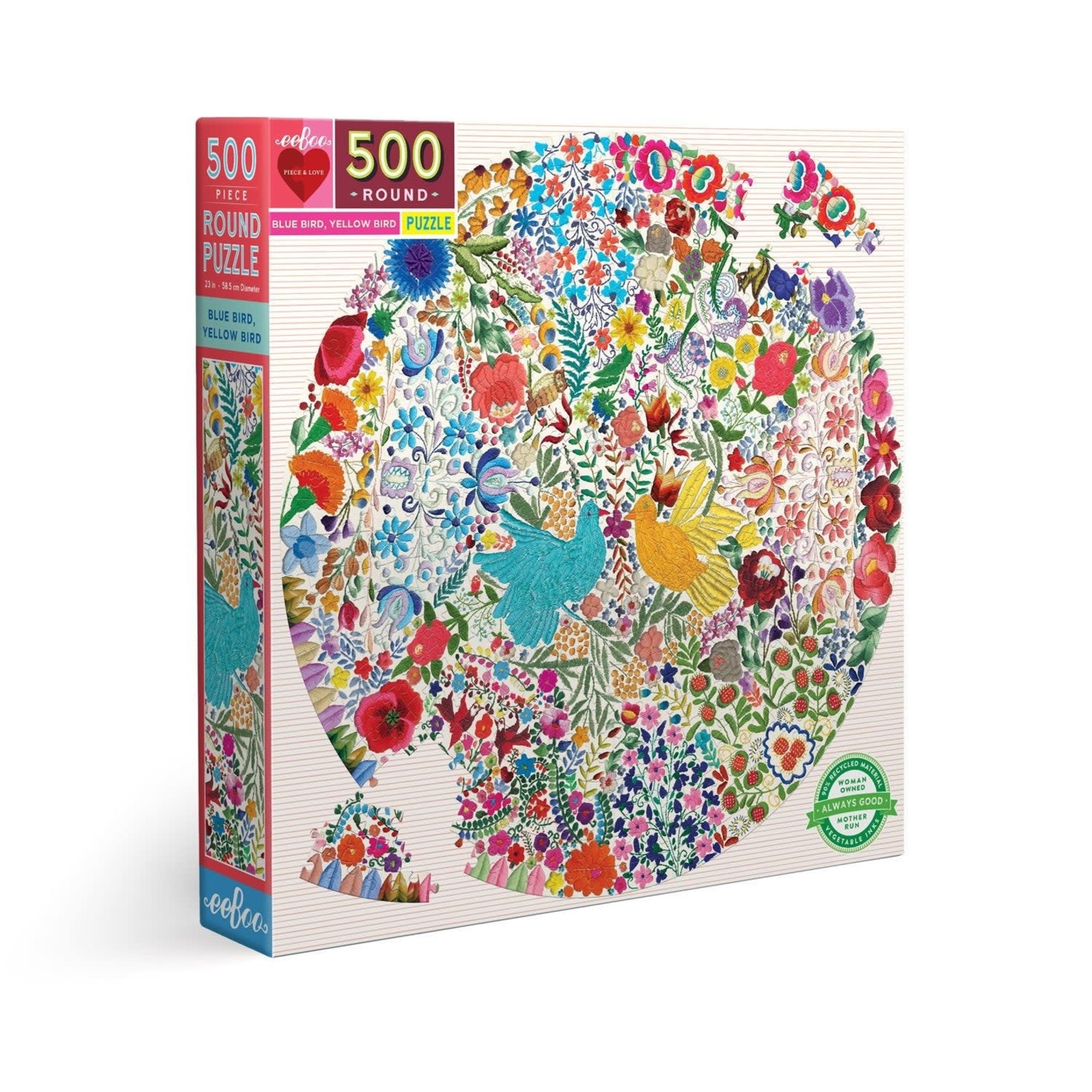 eeboo Blue Bird Yellow Bird 500 Piece Round Puzzle