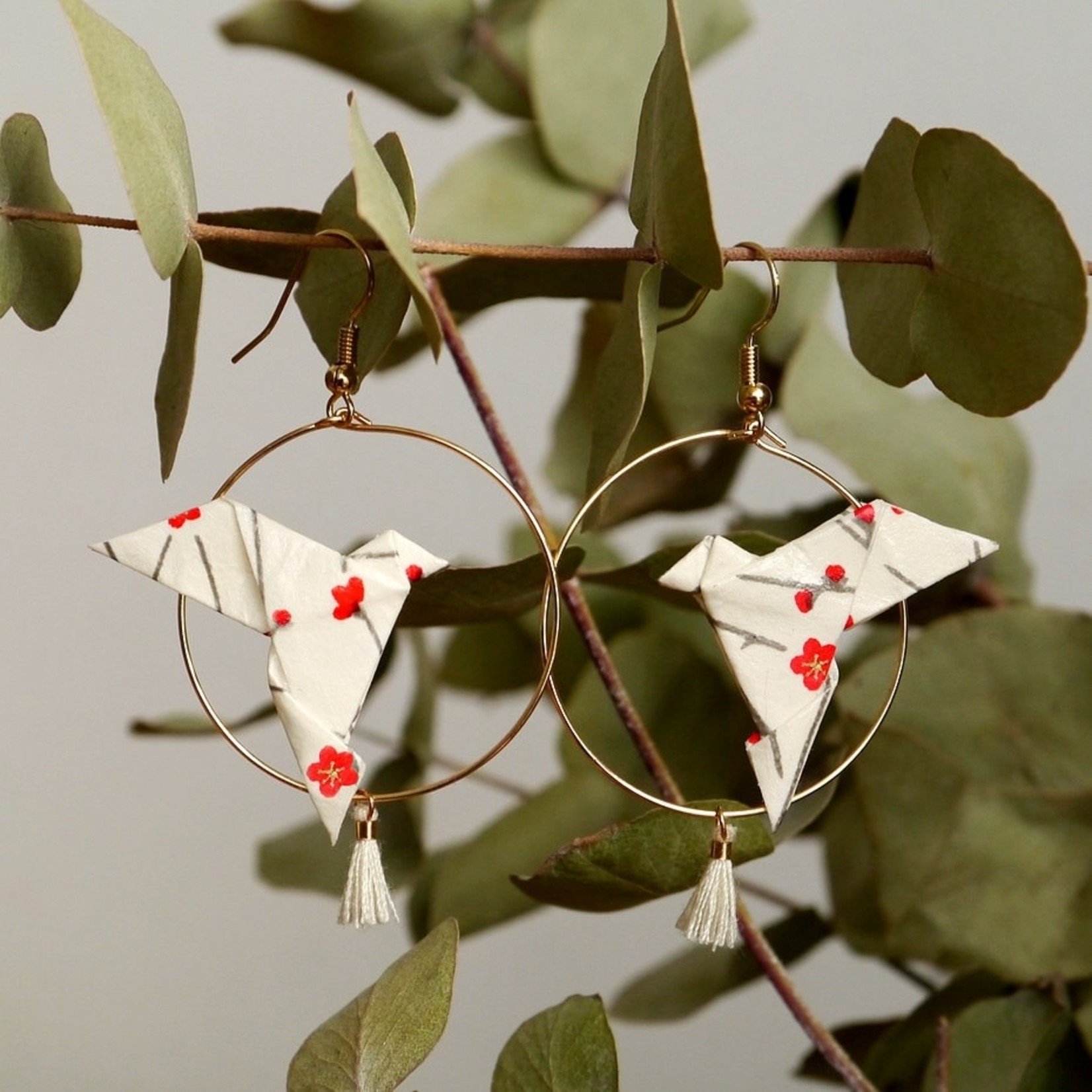 Origami Hoop Earrings - Doves and Pompoms