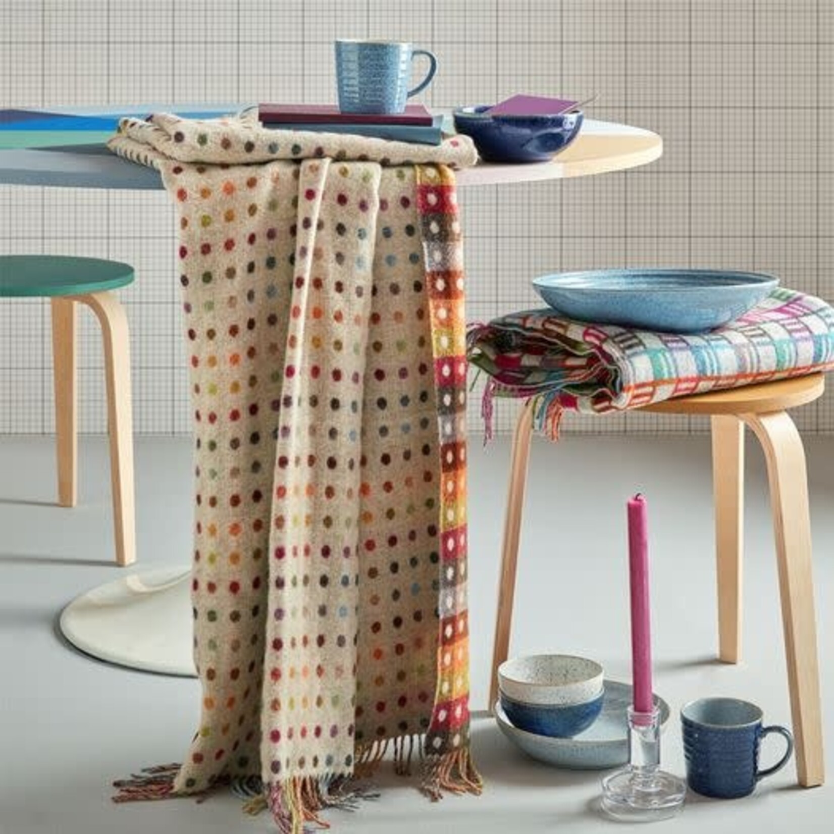 Merino Lambswool Throw Blanket - Multi Spot | Beige/Multi