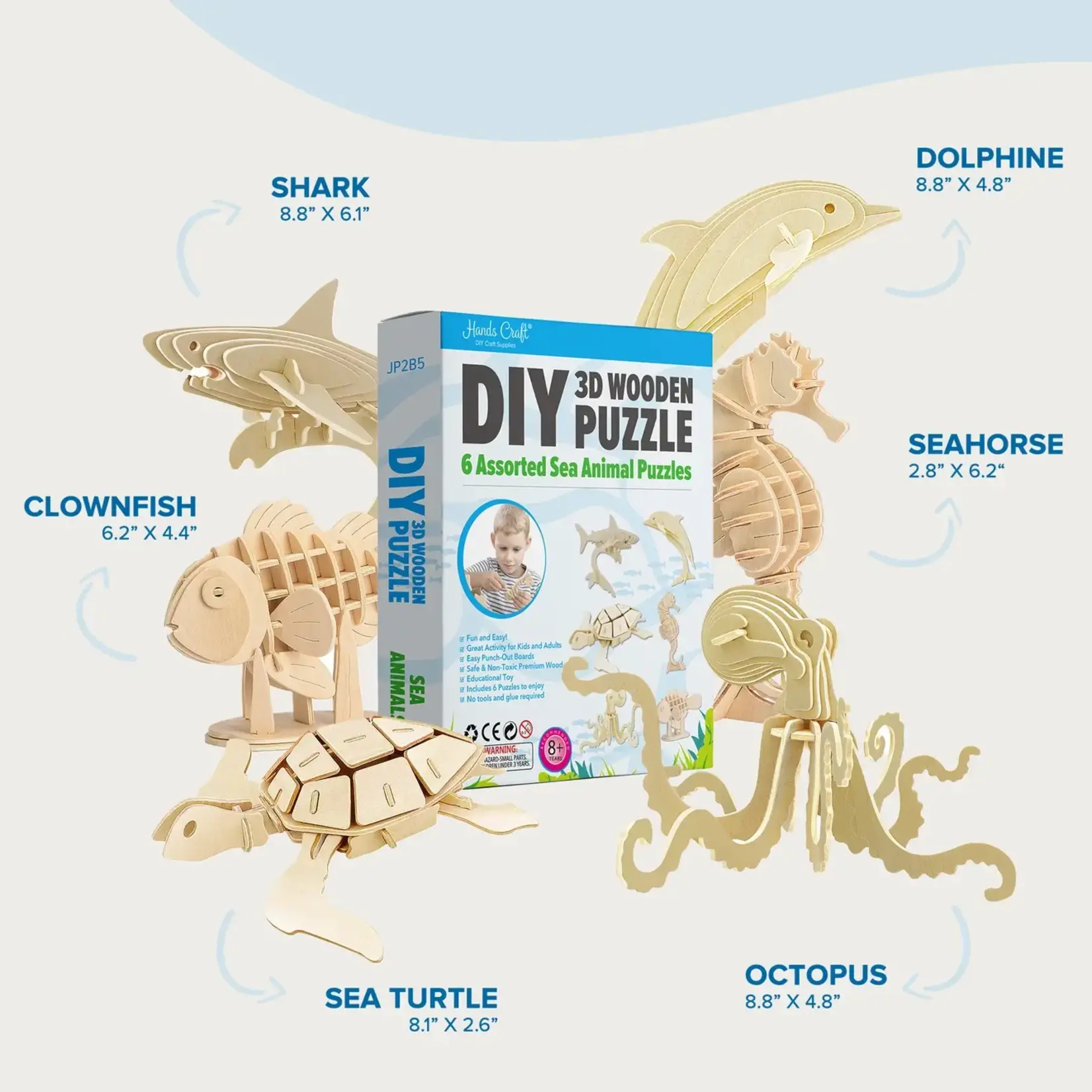 Hands Craft JP2B5, DIY 3D Wooden Puzzle Bundle Pack: Sea Animals