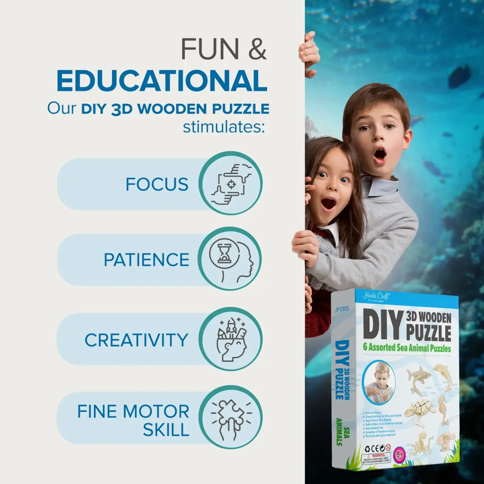 Hands Craft JP2B5, DIY 3D Wooden Puzzle Bundle Pack: Sea Animals