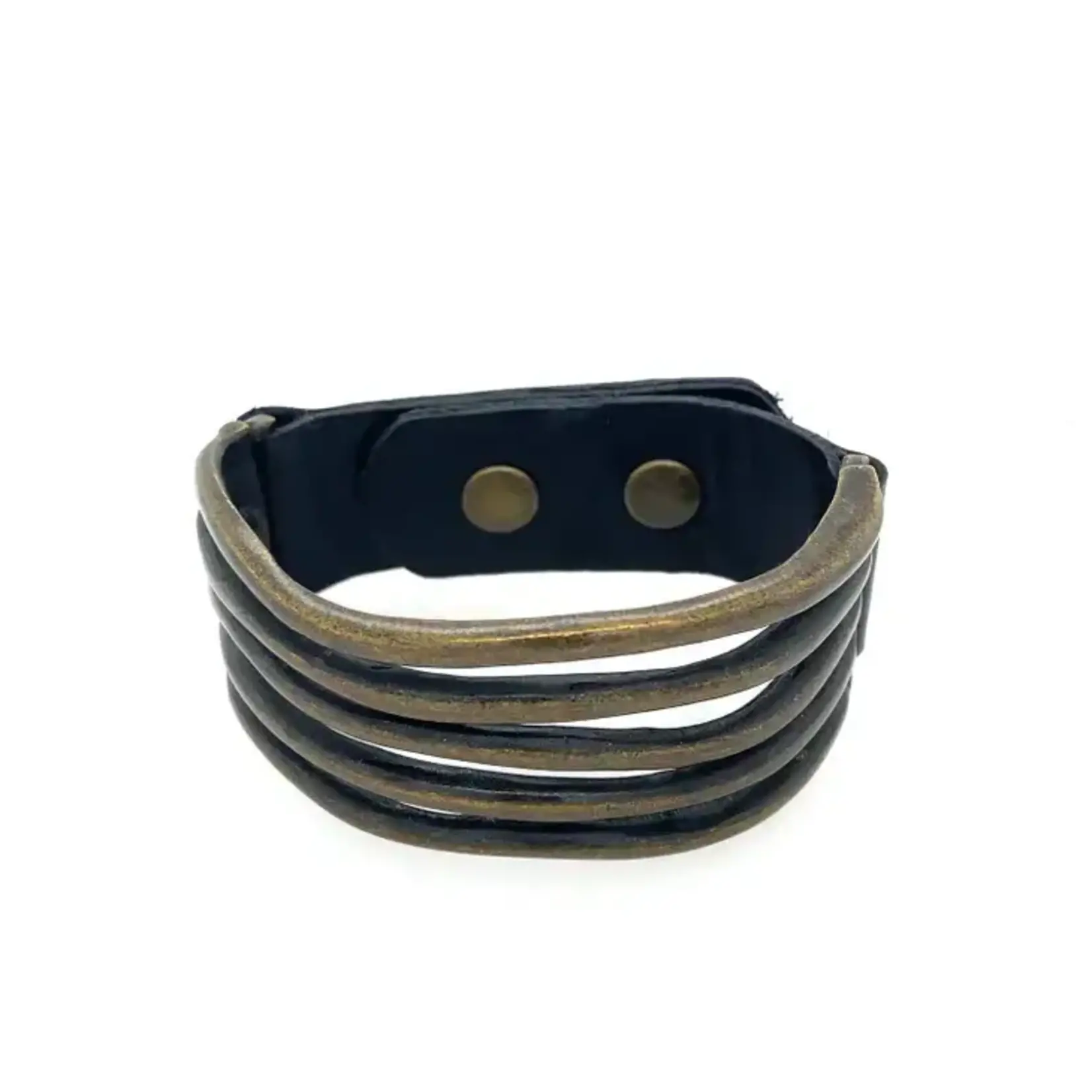 Wide Metal Wave Leather Bracelet Blk