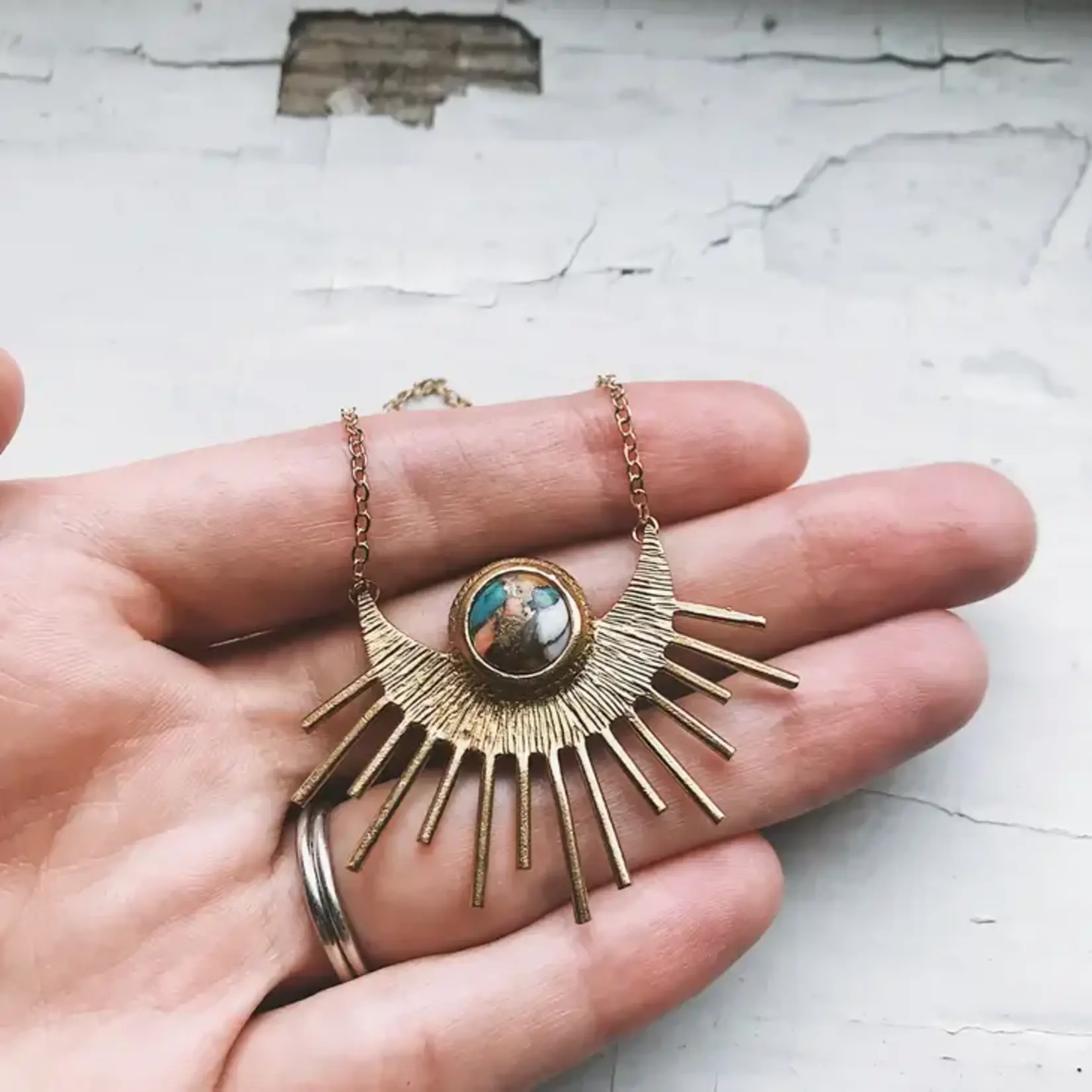 Sun Goddess Necklace - Sunburst with Copper Oyster Turquoise Gold