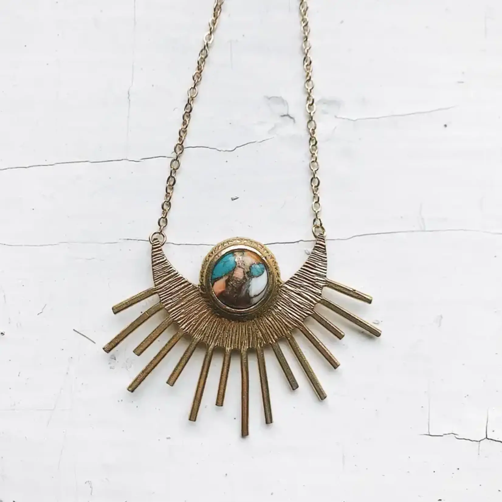 Sun Goddess Necklace - Sunburst with Copper Oyster Turquoise Gold