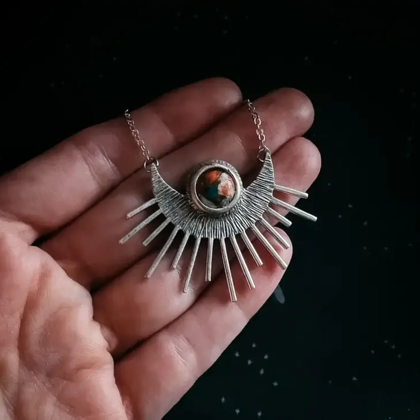 Sun Goddess Necklace - Sunburst with Copper Oyster Turquoise Silver