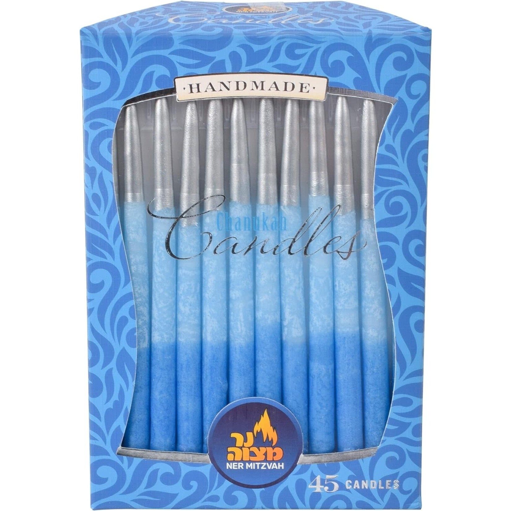 Chanukah Candles - Decorated Blue With Silver Tip - 45 Pack