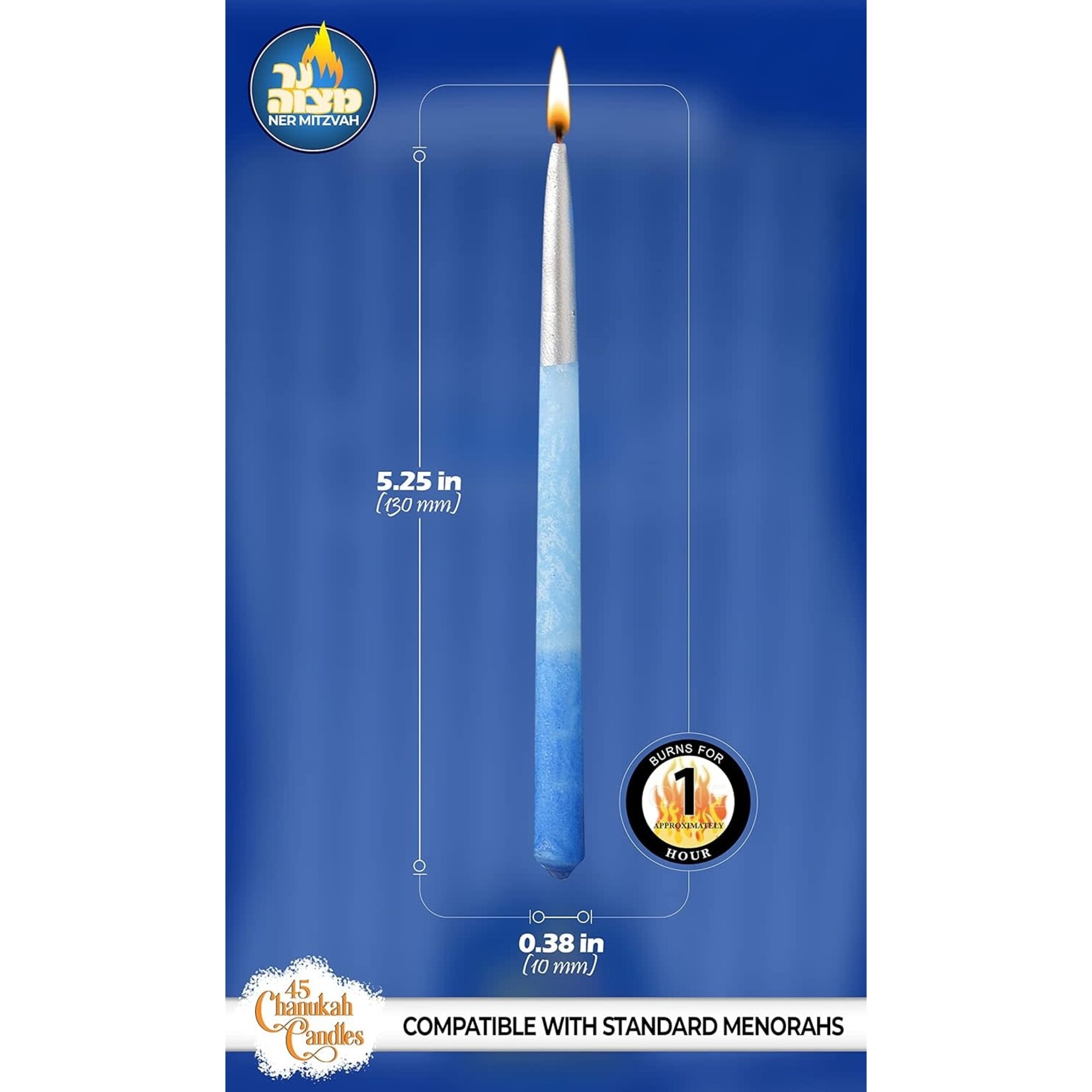 Chanukah Candles - Decorated Blue With Silver Tip - 45 Pack