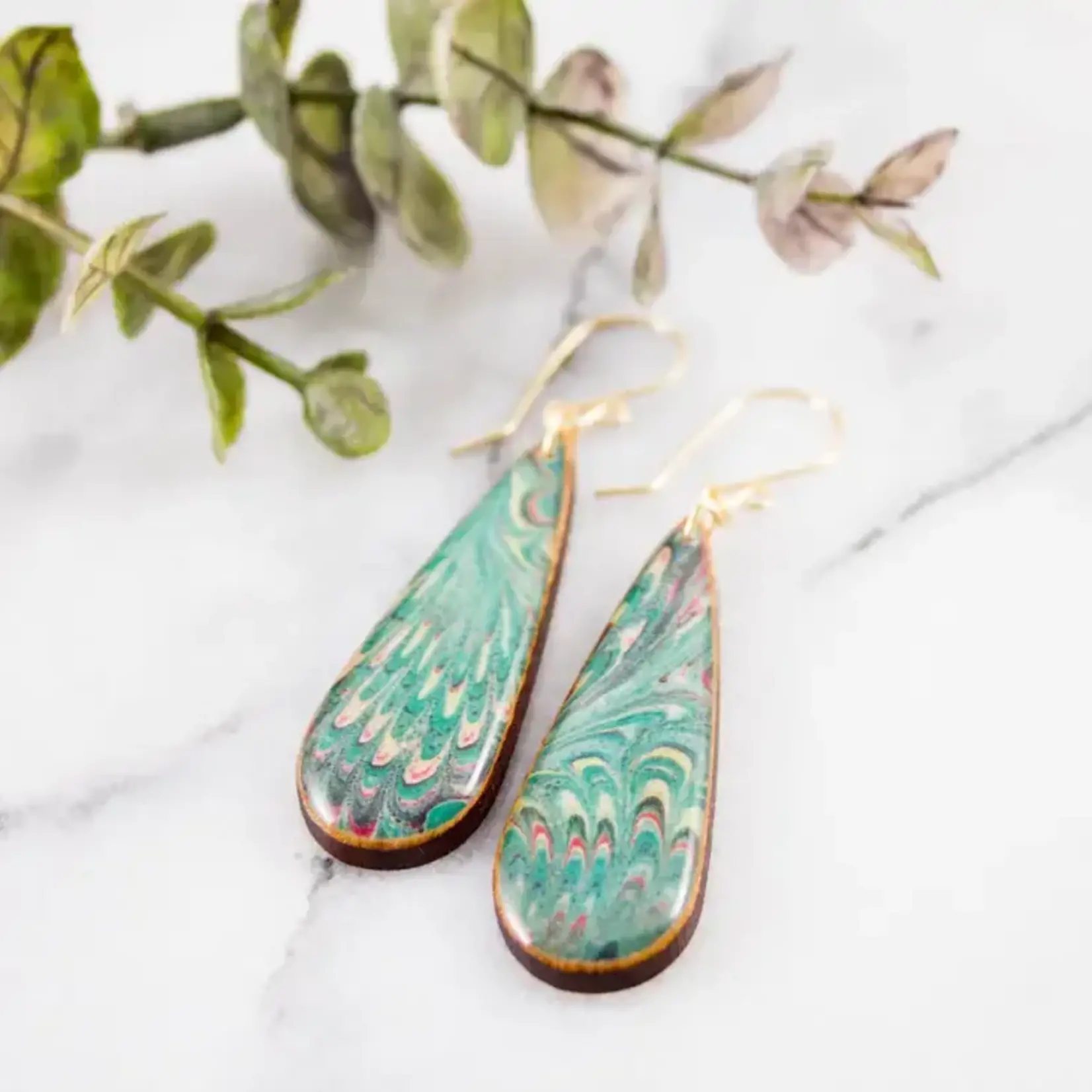 Green Feather Marble Teardrop Earrings