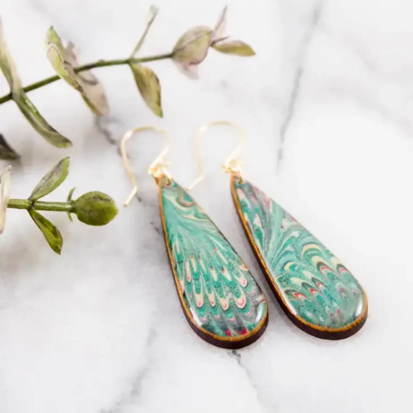 Green Feather Marble Teardrop Earrings