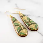 Green + Gold Deco Fan Teardrop Earrings