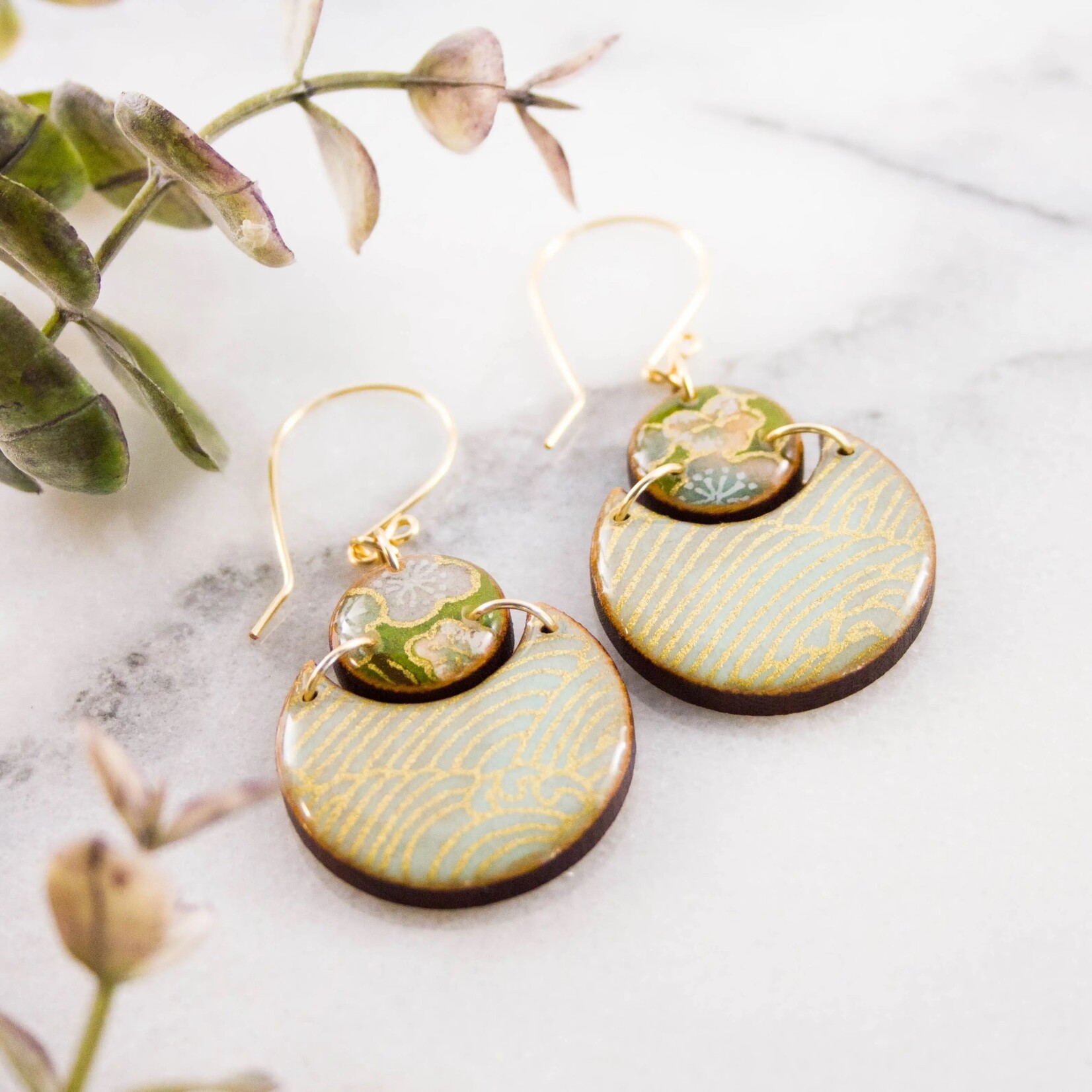 Japanese Double Circle Earrings- Natural Aqua