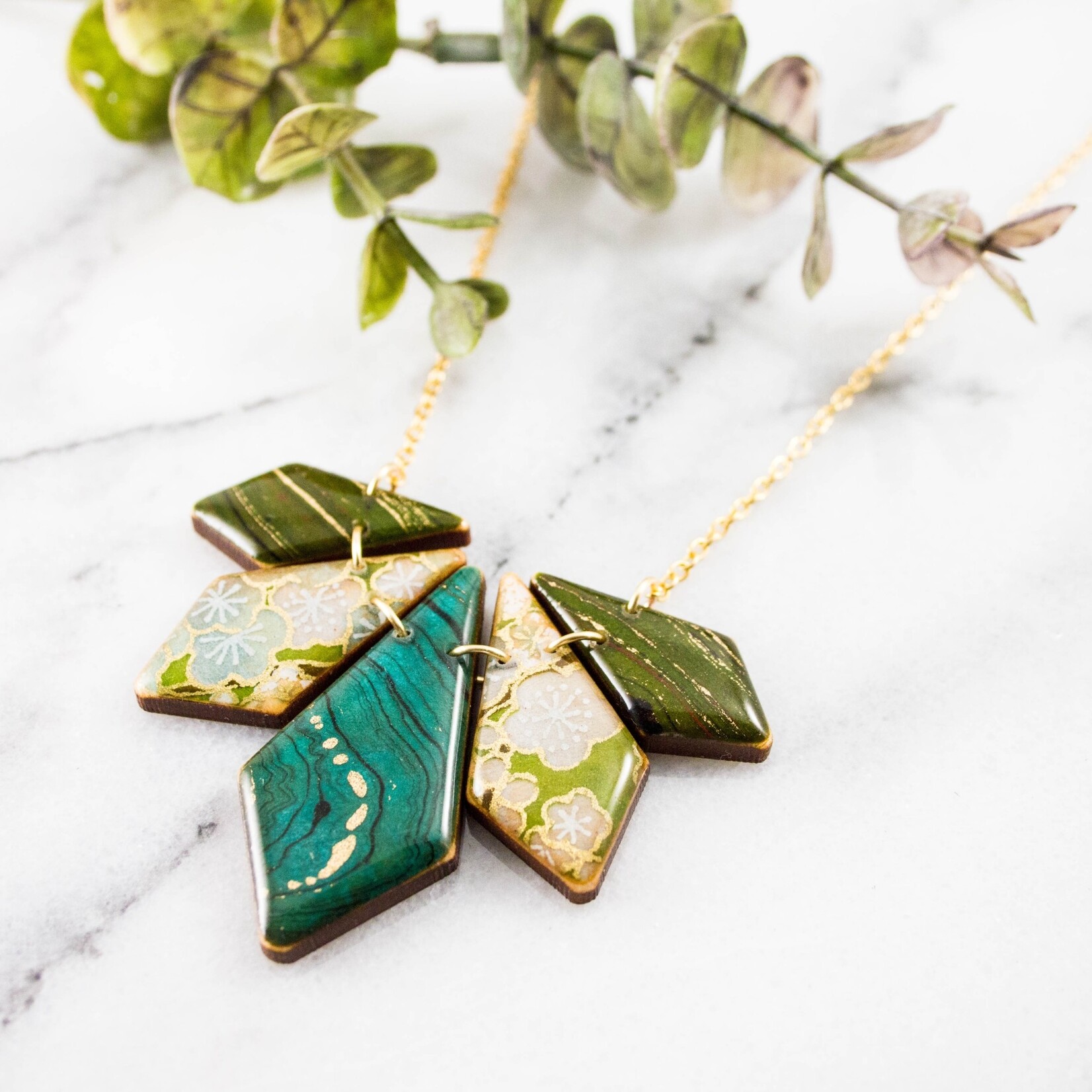 Japanese Geometric Petal Necklace... Turquoise + Green