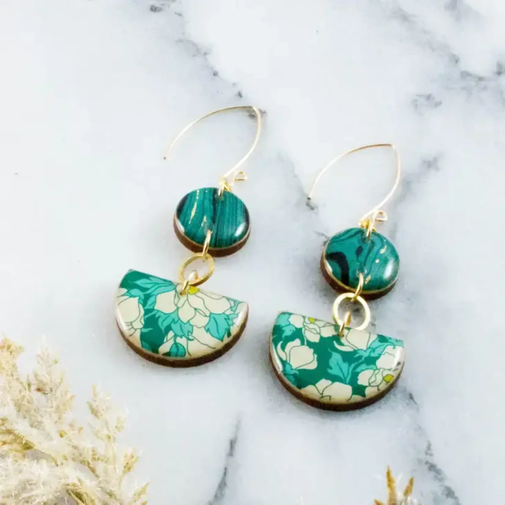 Teal Dogwood Floral Half Circle Stacked Earrings