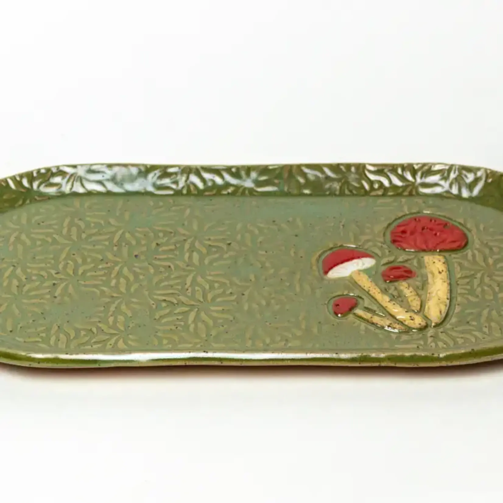 10"x5" Mushroom Design Handmade, in Ohio, Ceramic Green Platter