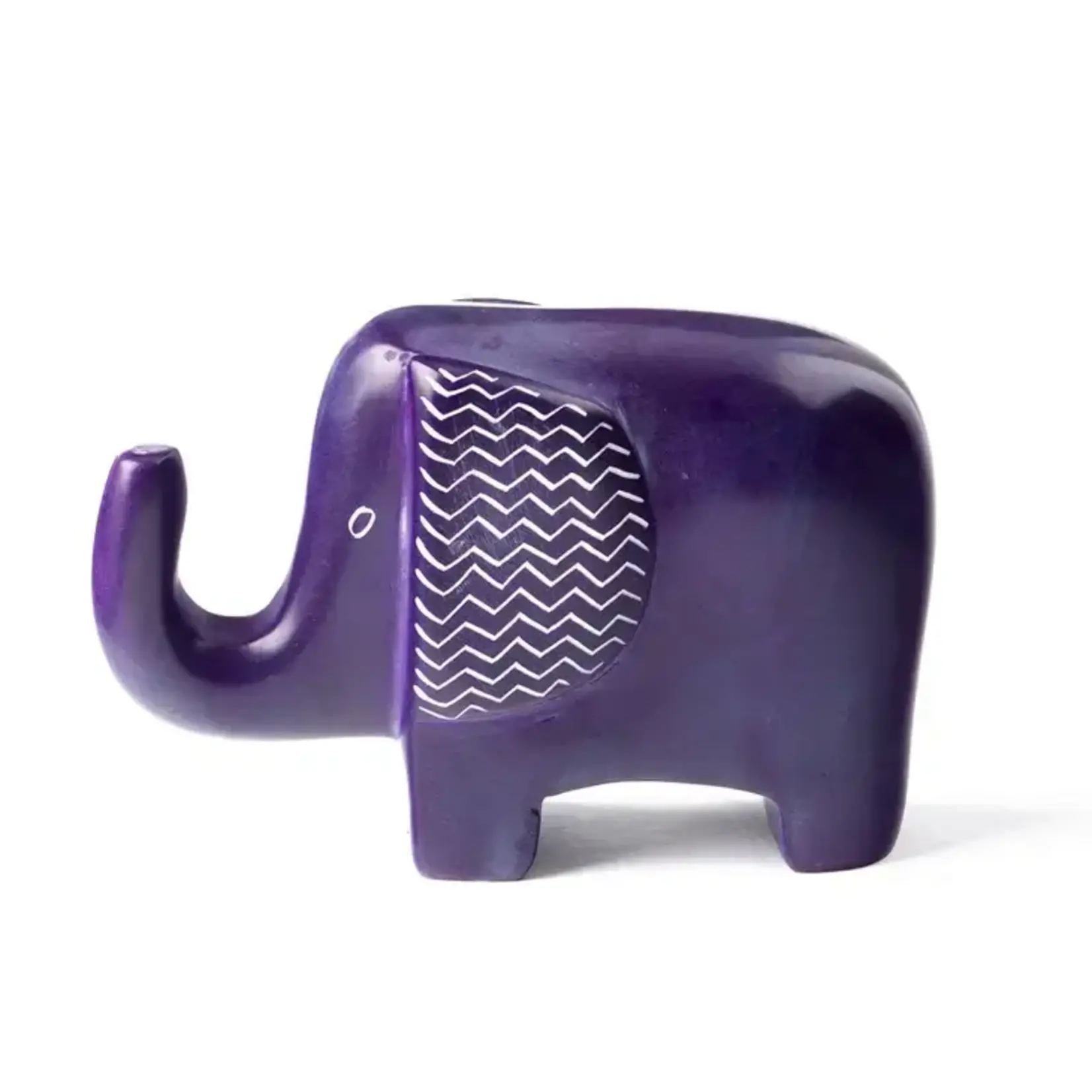 Small StoneKenyan artisans hand carve sweet elephant sculptures from soft soapstone, then hand dye each piece with pretty purple dye. Incised zigzag designs on the ears add personality. Elephant