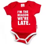 "I'm the Reason We're Late" Baby Onesie | 6-12 Months | Red