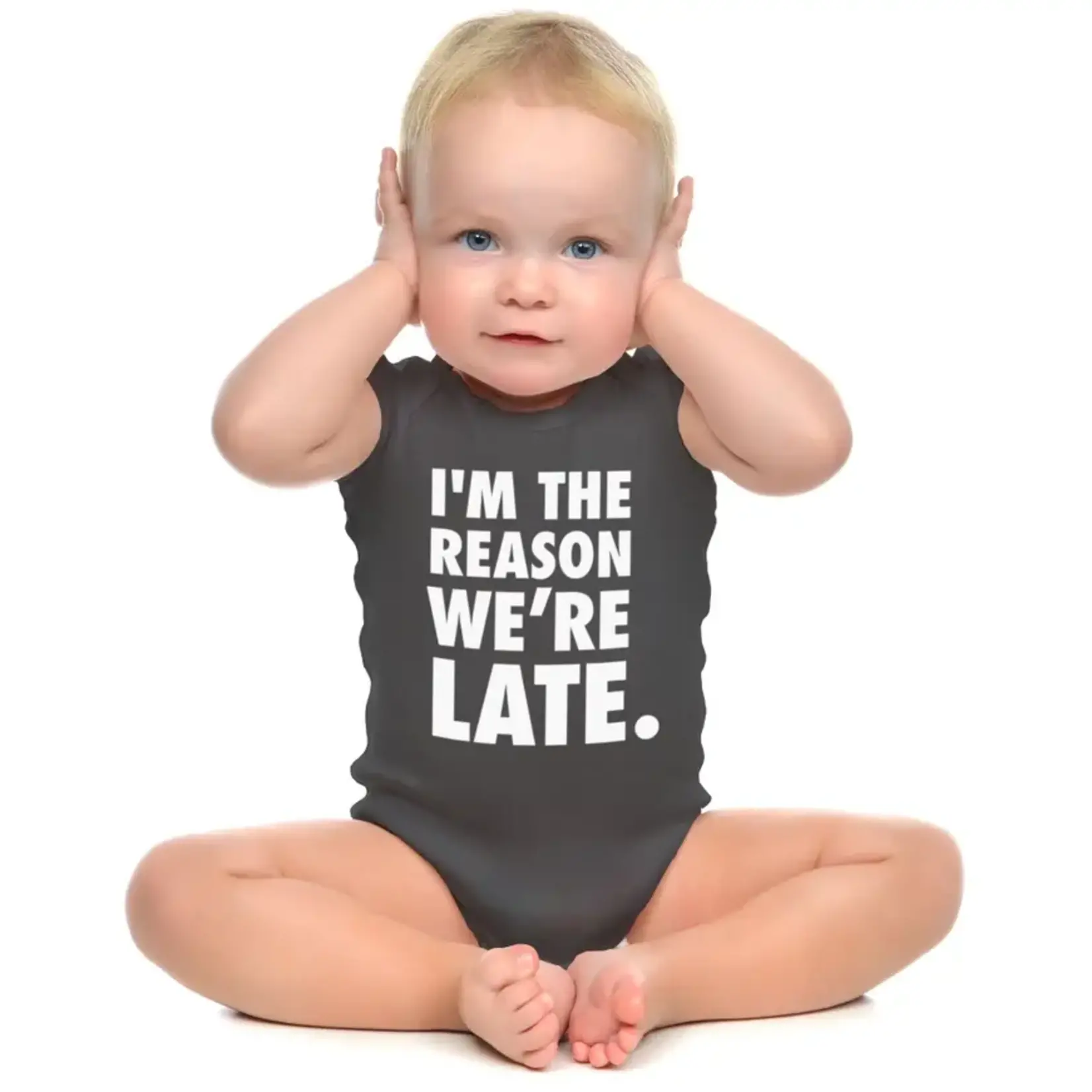 "I'm the Reason We're Late" Baby Onesie | 0-6 Months | Gray