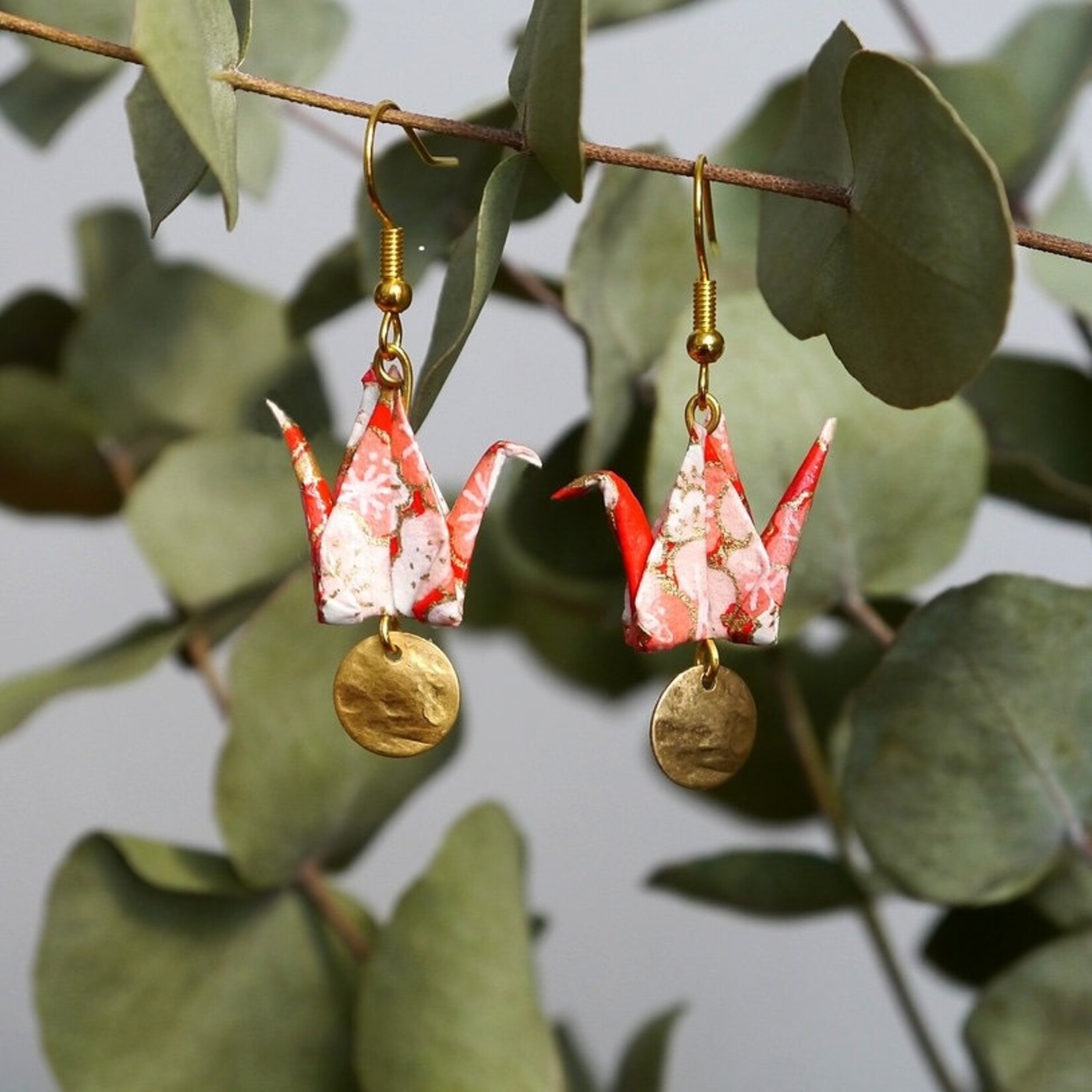 Origami Earrings - Cranes and Gold Sequins
